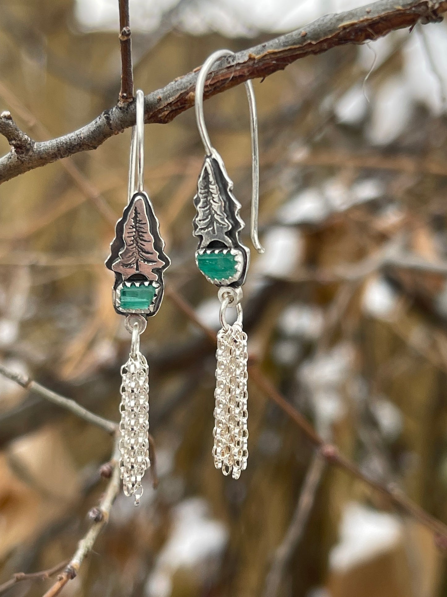 *Emerald Pines • Fine Silver Stamped Pine Tree & Colombian Emerald Drop Earrings