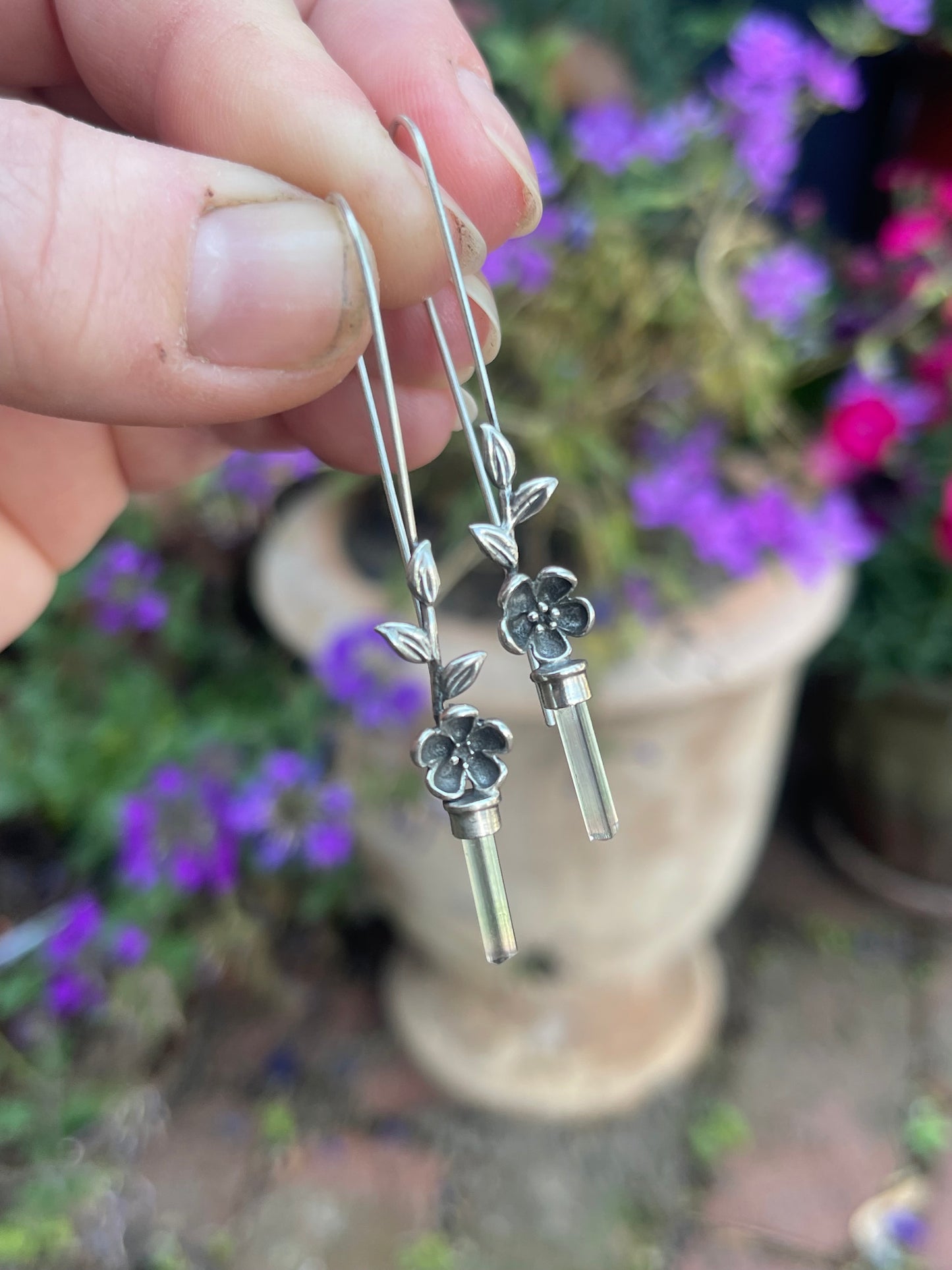 *Blooms on the Vine • Watermelon Tourmaline Crystal Cherry Blossom Long Drop Earrings • Sterling Silver