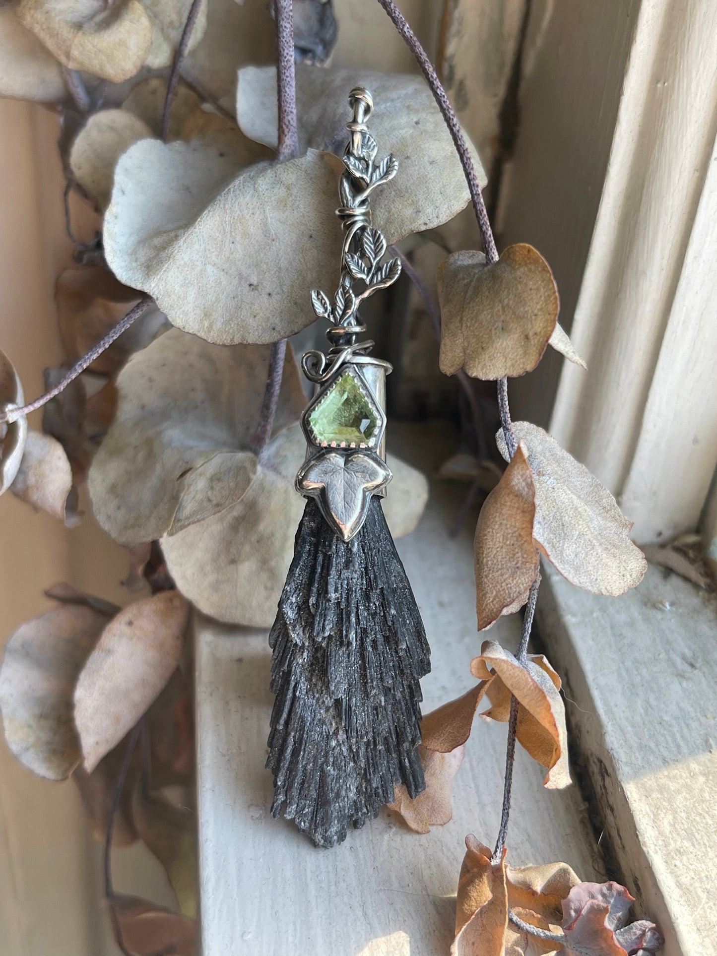 Elvish Ivy Forest Witch Crystal Broom Pendant
