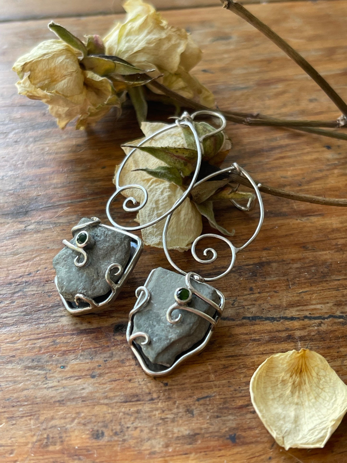 *Forest Snail Dangle Earrings • Chrome Diopside & River Rock • Sterling Silver