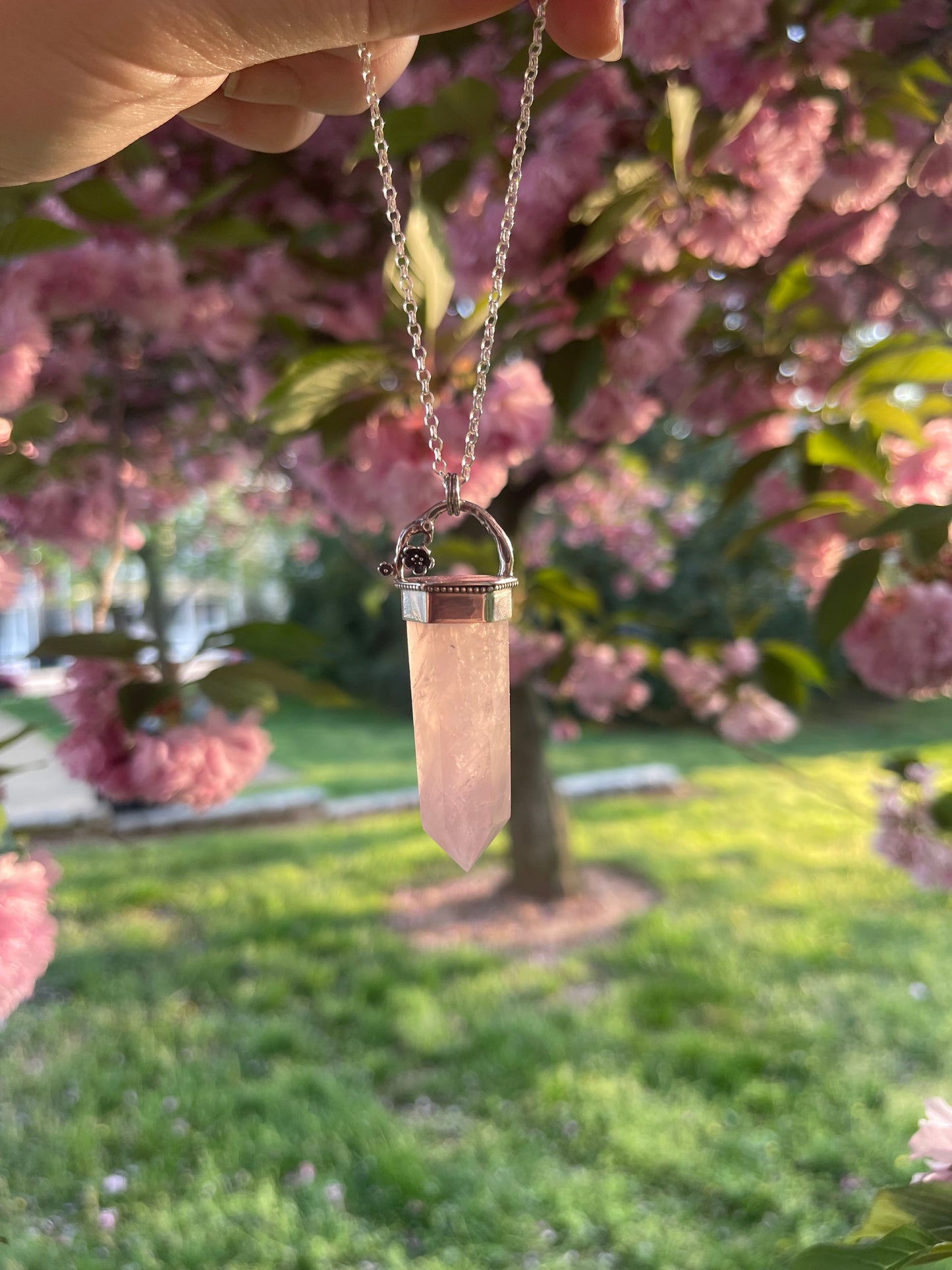 Cherries & Roses • Rose Quartz Crystal Floral pendant necklace