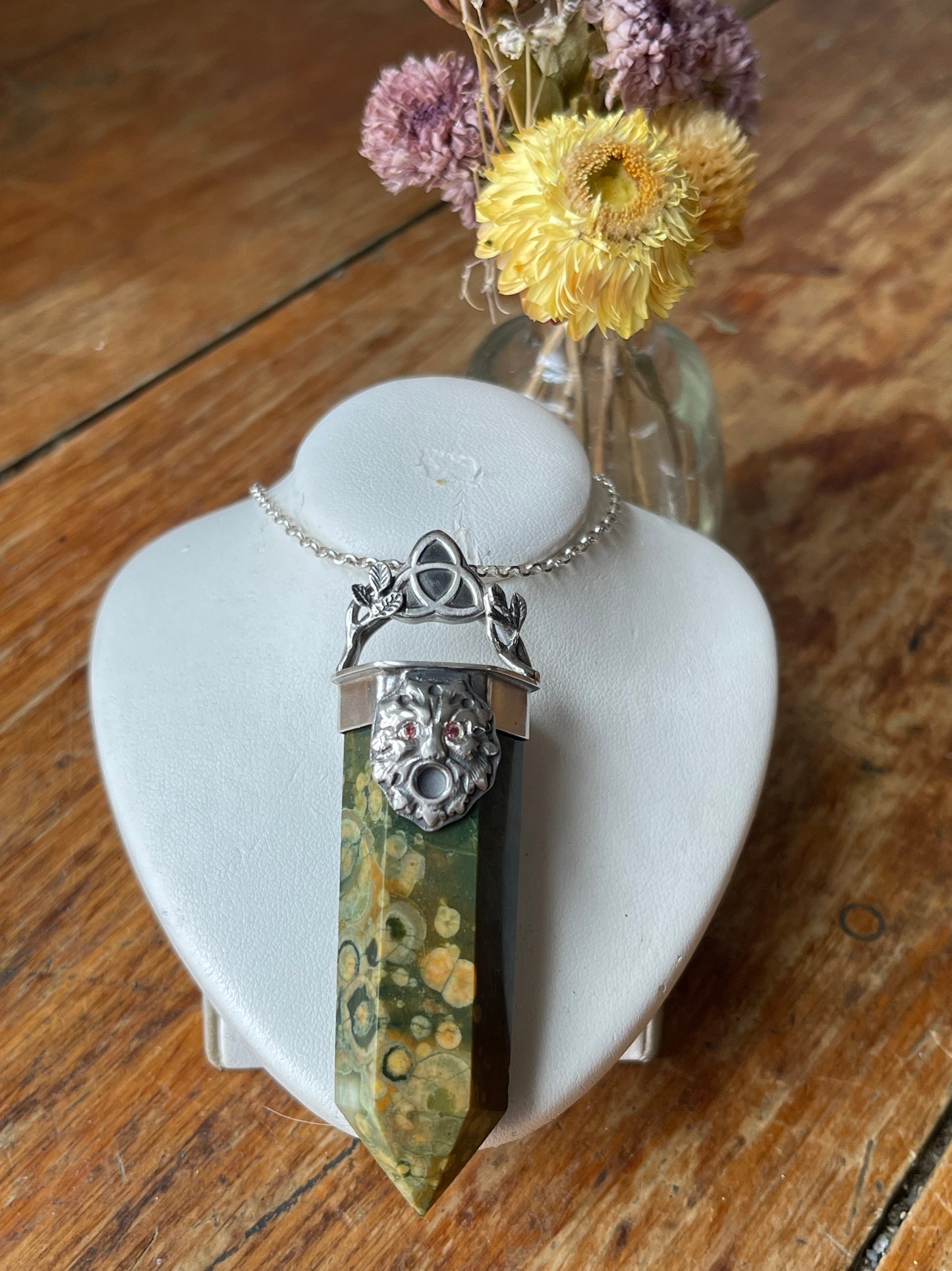 *Oakfather’s Blessing • Rainforest Agate Greenman Crystal with Orange Sapphire Eyes • Sterling Silver
