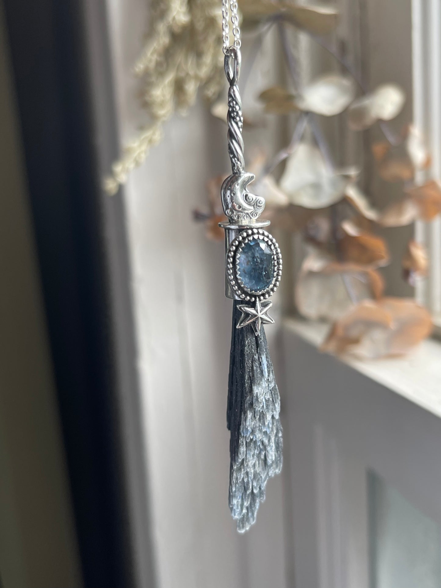 Celestial Witch Teal Kyanite Crystal Witch Broom Pendant