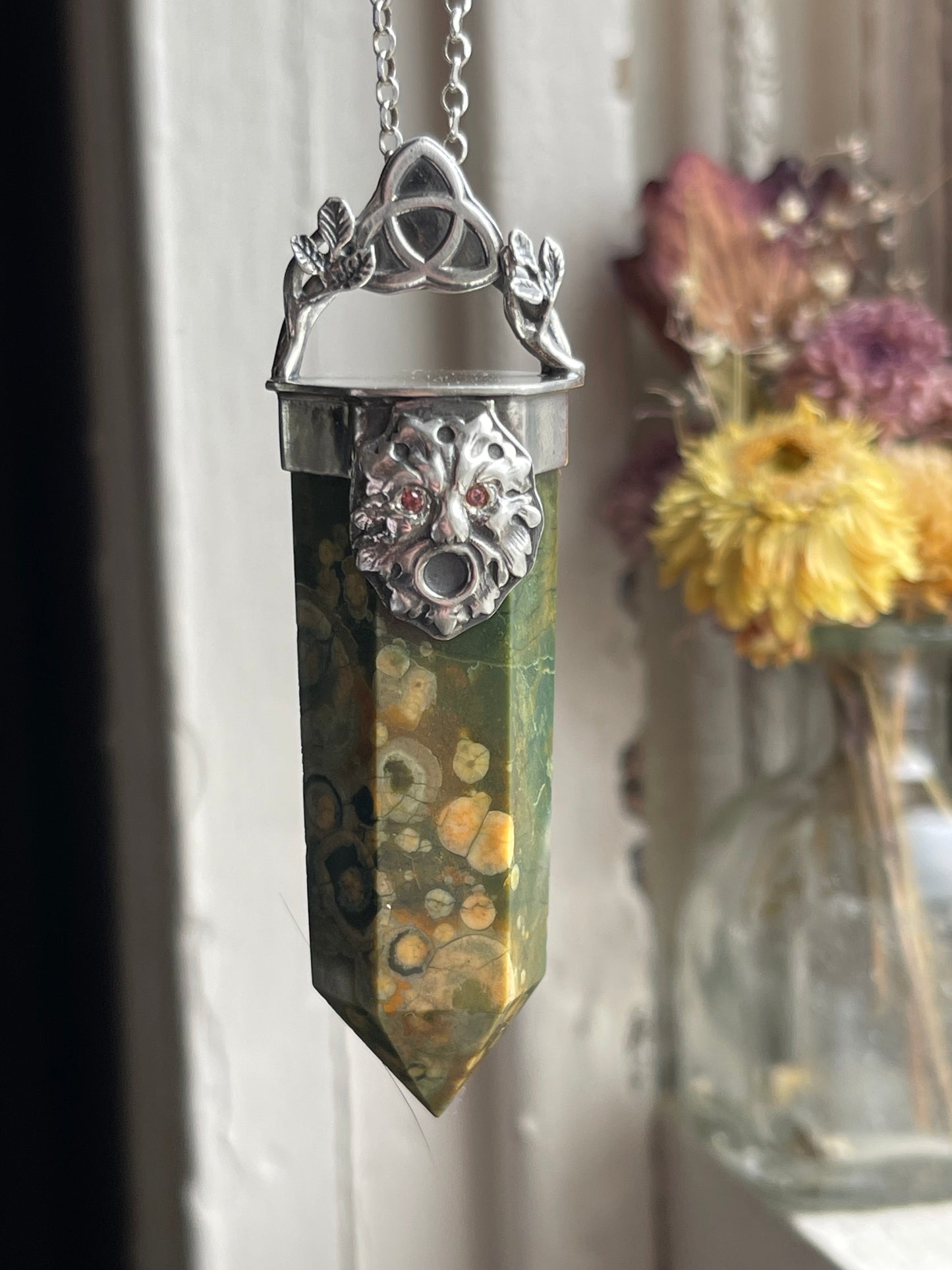 *Oakfather’s Blessing • Rainforest Agate Greenman Crystal with Orange Sapphire Eyes • Sterling Silver