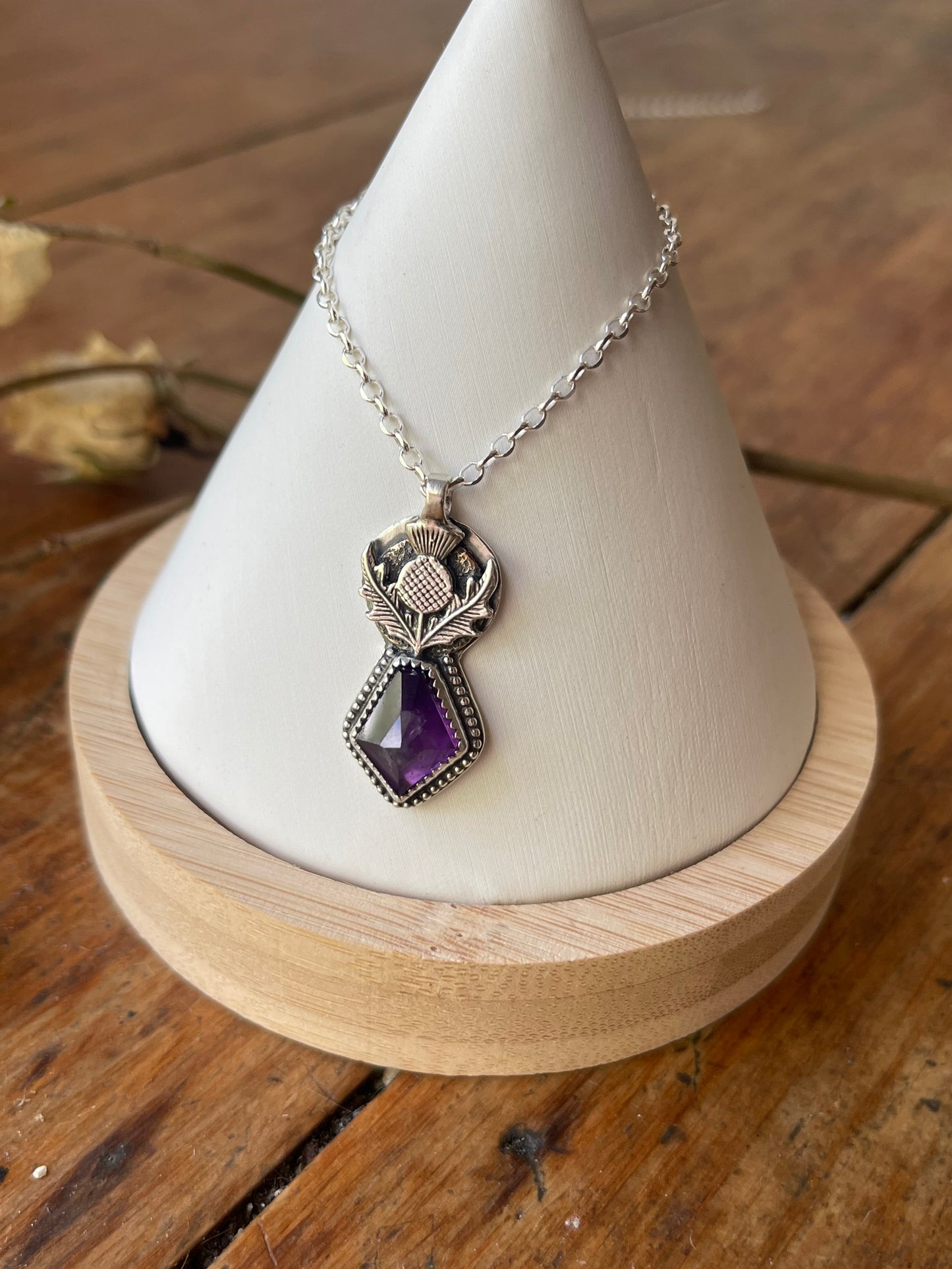 *Queen’s Resilience • Amethyst Thistle Pendant Necklace • Sterling Silver & Brass Mixed Metals