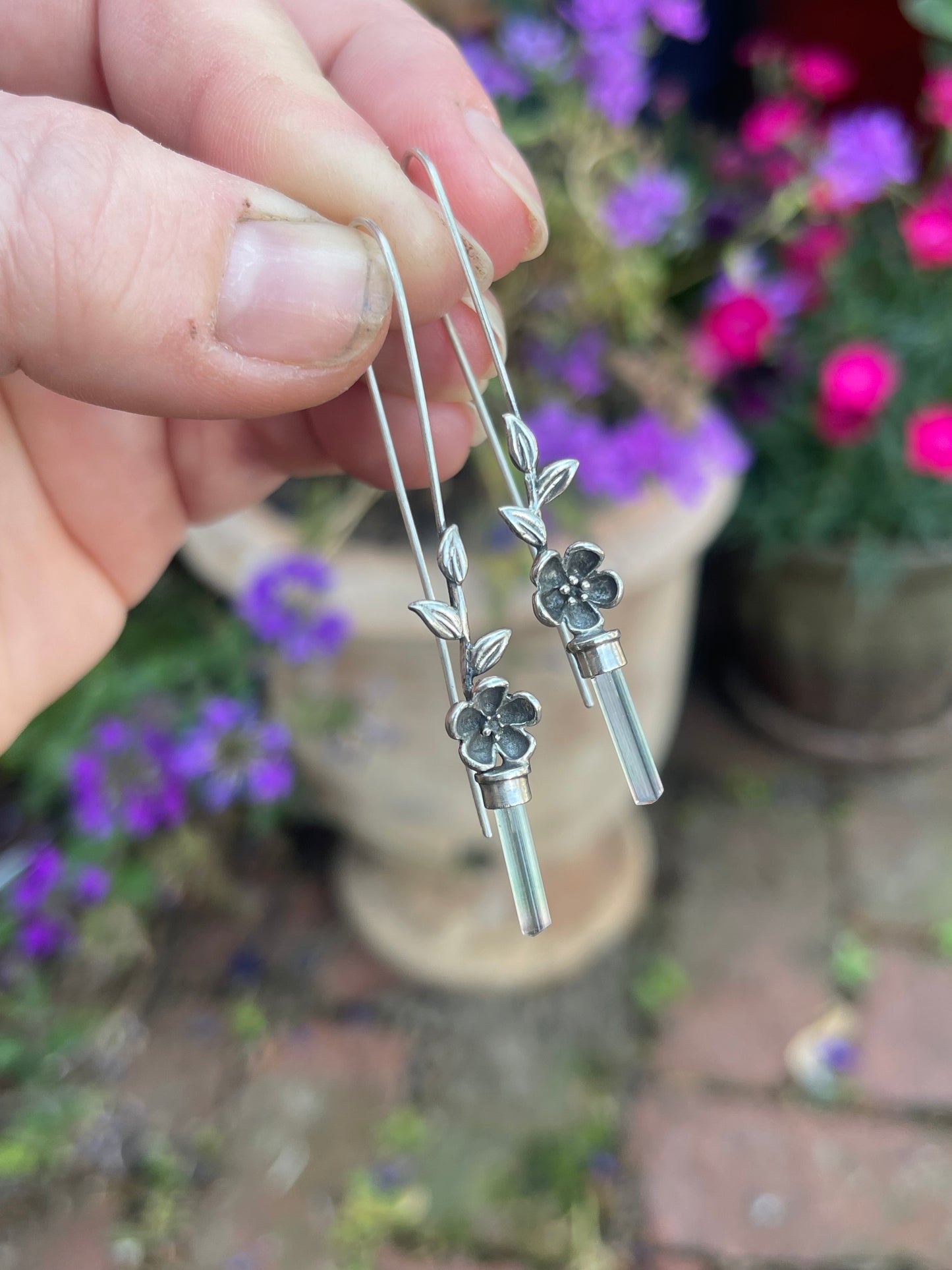 *Blooms on the Vine • Watermelon Tourmaline Crystal Cherry Blossom Long Drop Earrings • Sterling Silver