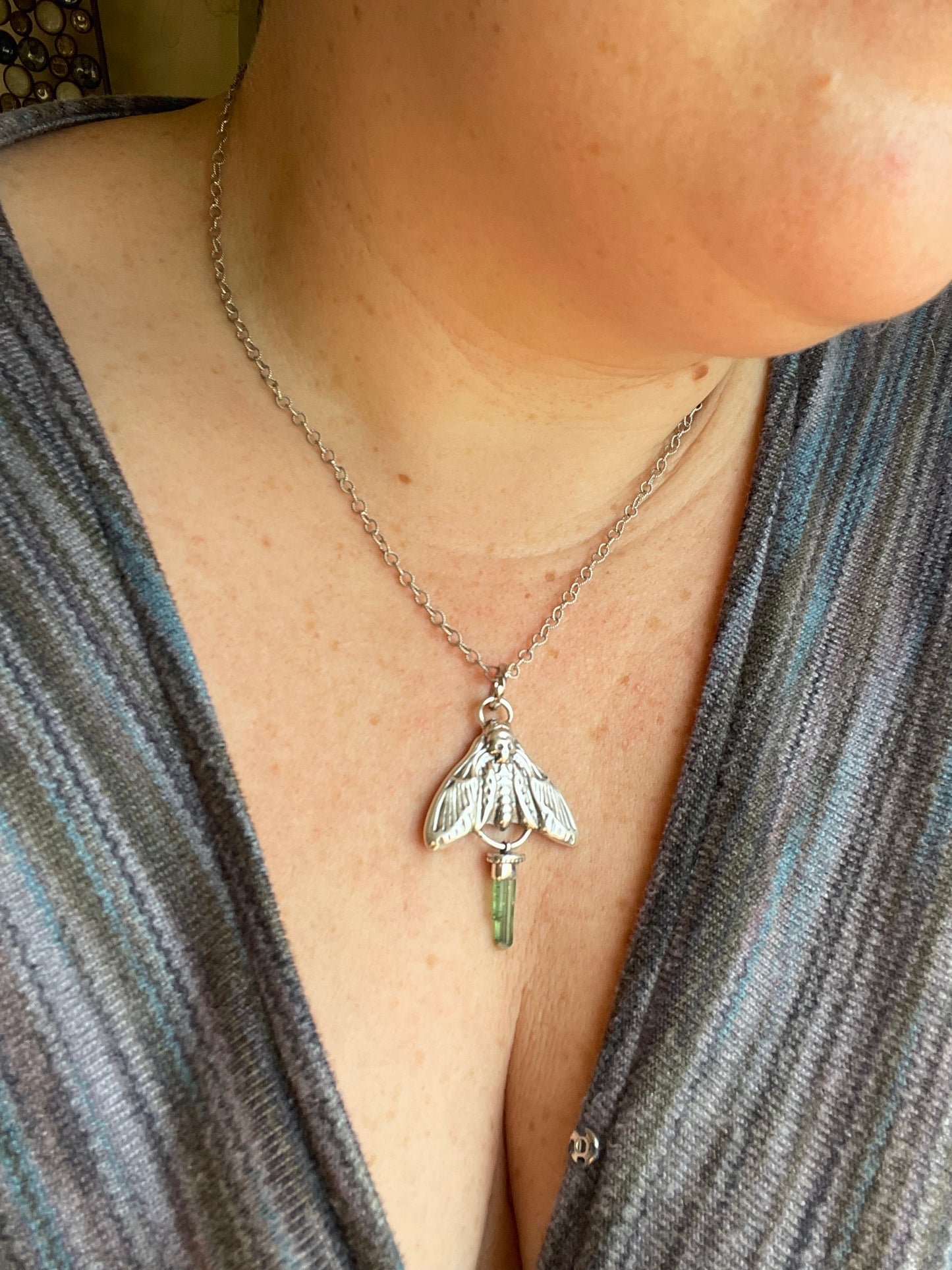 Green Tourmaline Crystal Deathmoth Necklace