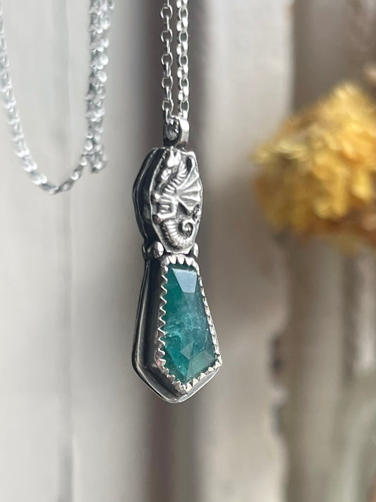 Selkie’s Tear • Grandidierite Dragon Fine Silver Charm Necklace