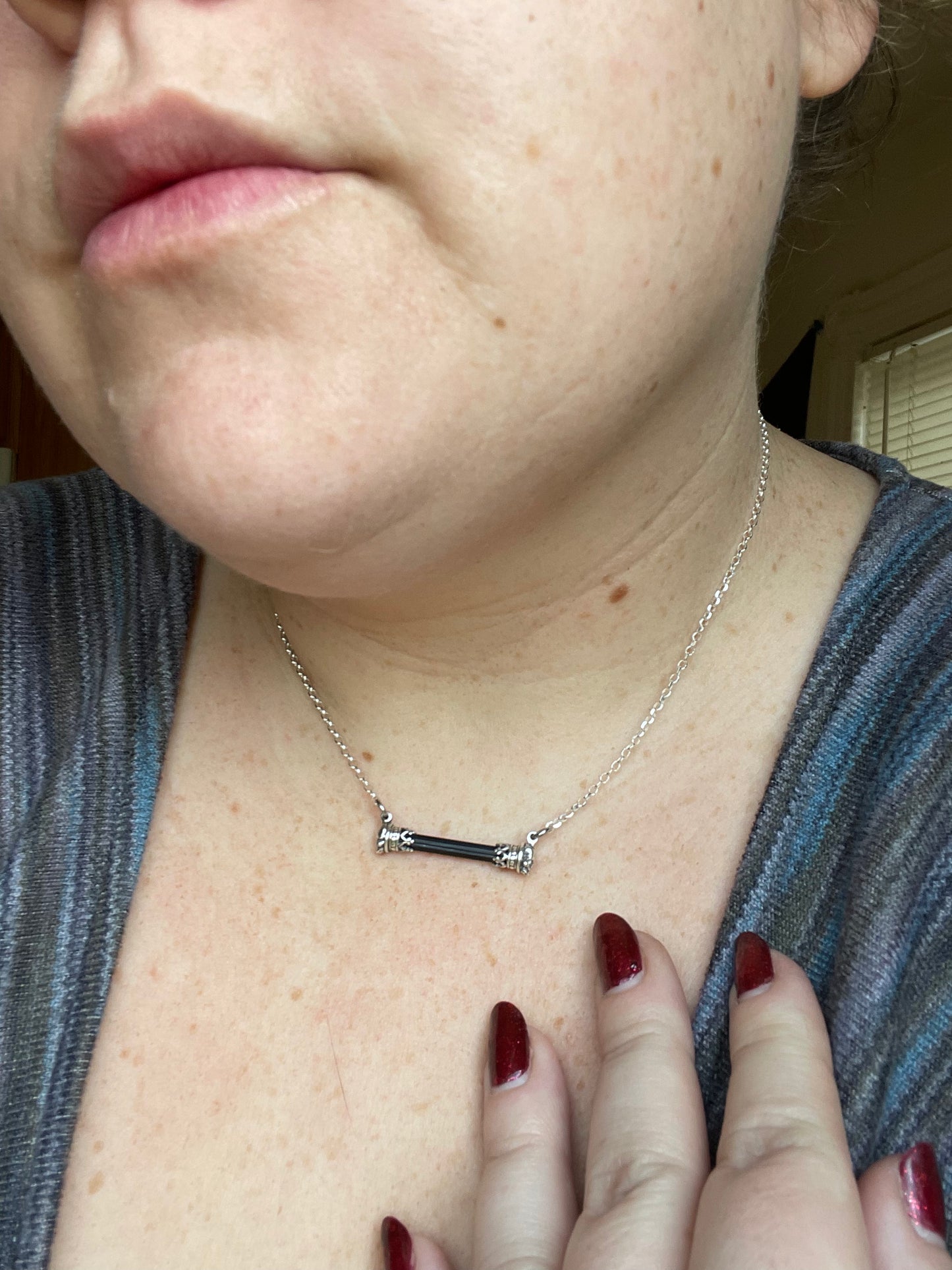 Black Tourmaline Crystal Gothic Skull Bar Necklace