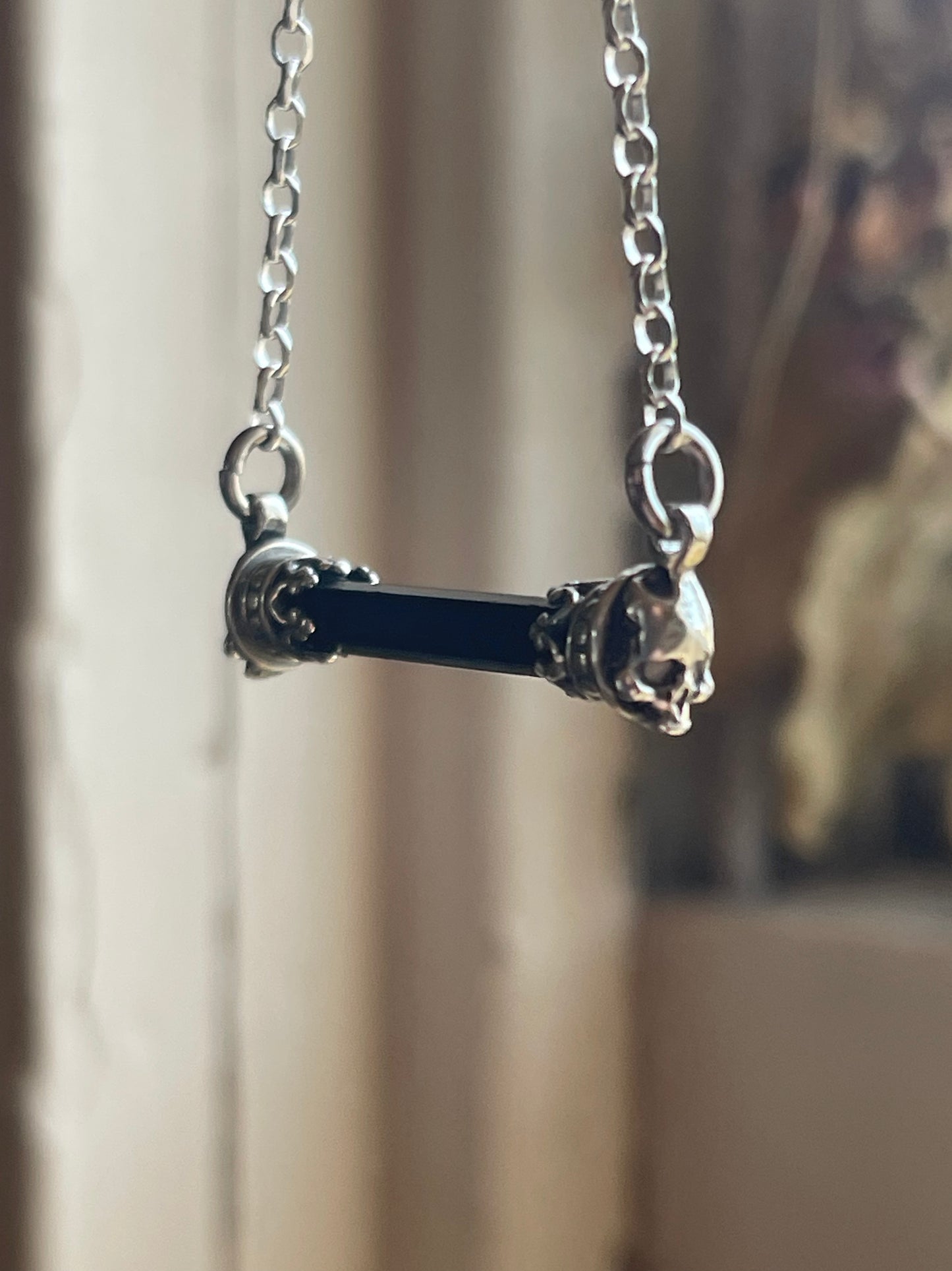 Black Tourmaline Crystal Gothic Skull Bar Necklace