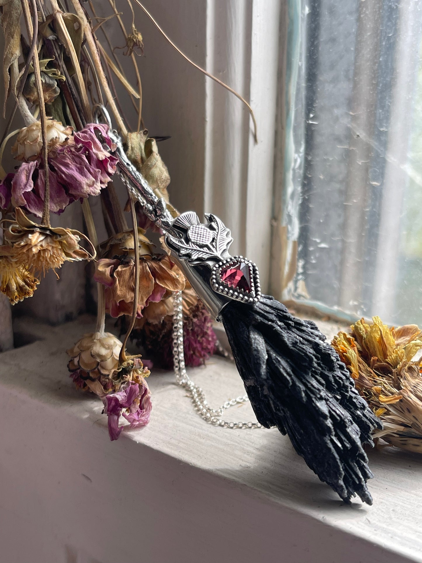 Cottage Witch Thistle Garnet Crystal Broom Pendant