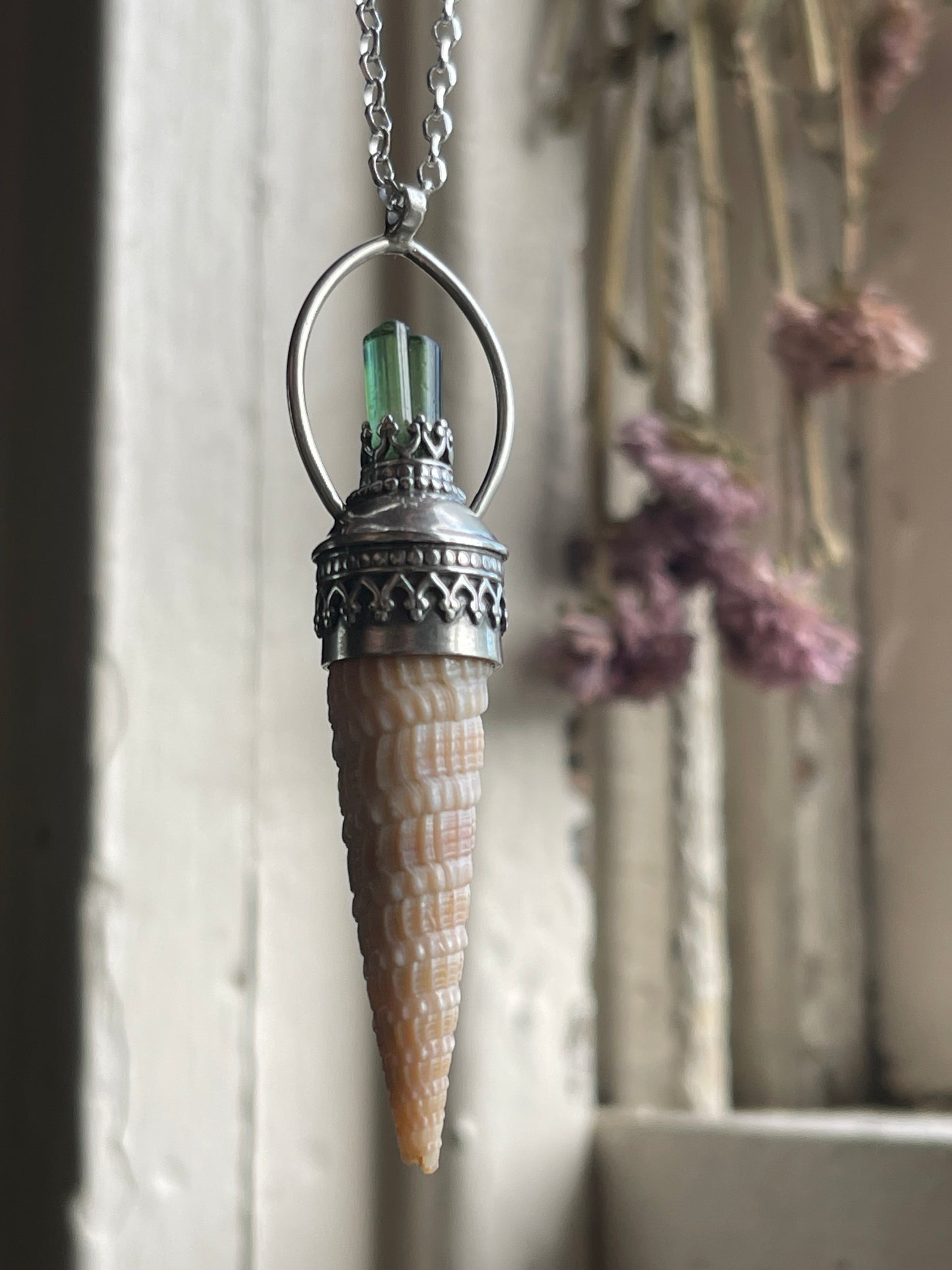 Kelly • Green Tourmaline Crystal Shell Statement Pendant Necklace