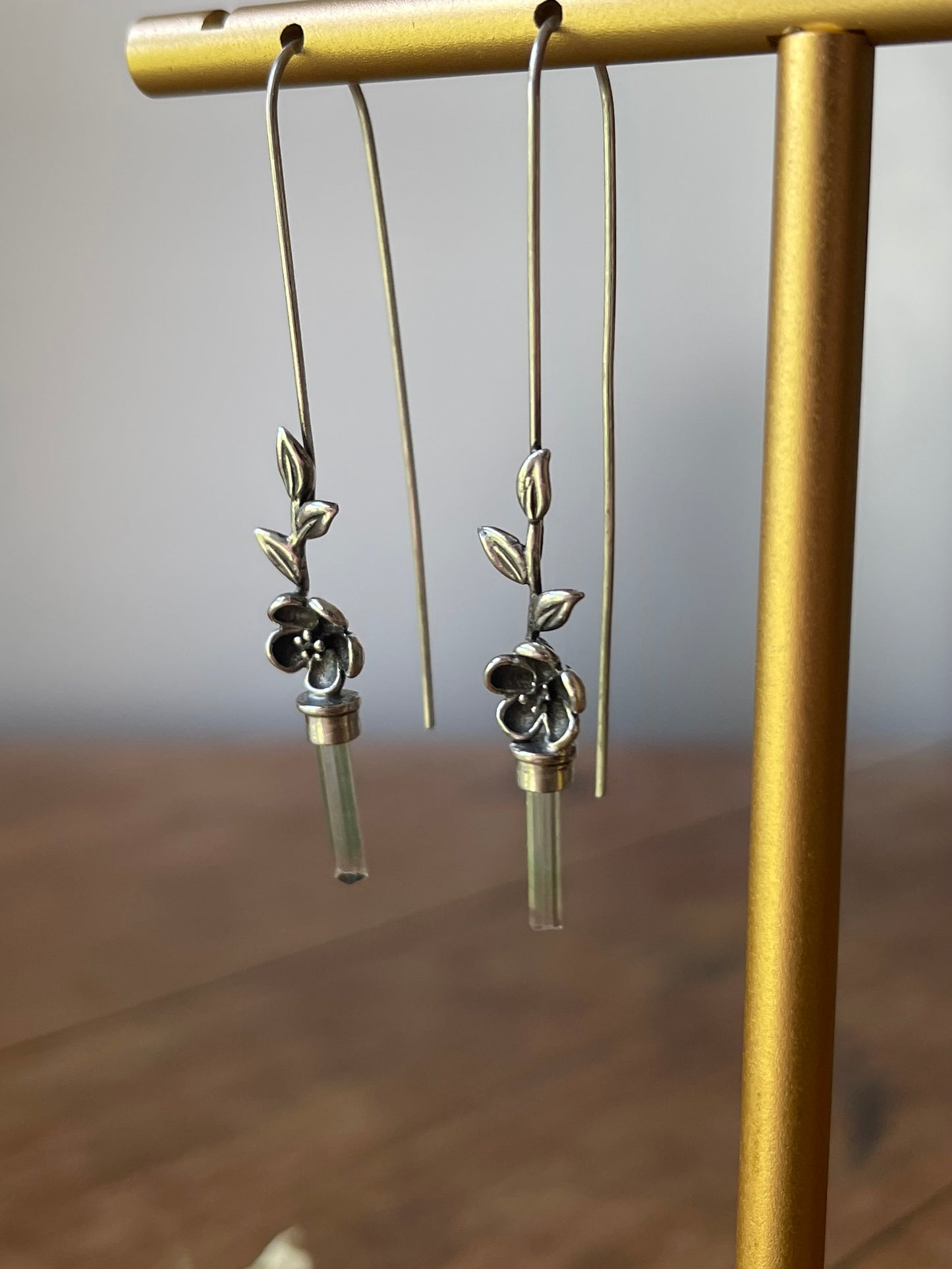 *Blooms on the Vine • Watermelon Tourmaline Crystal Cherry Blossom Long Drop Earrings • Sterling Silver