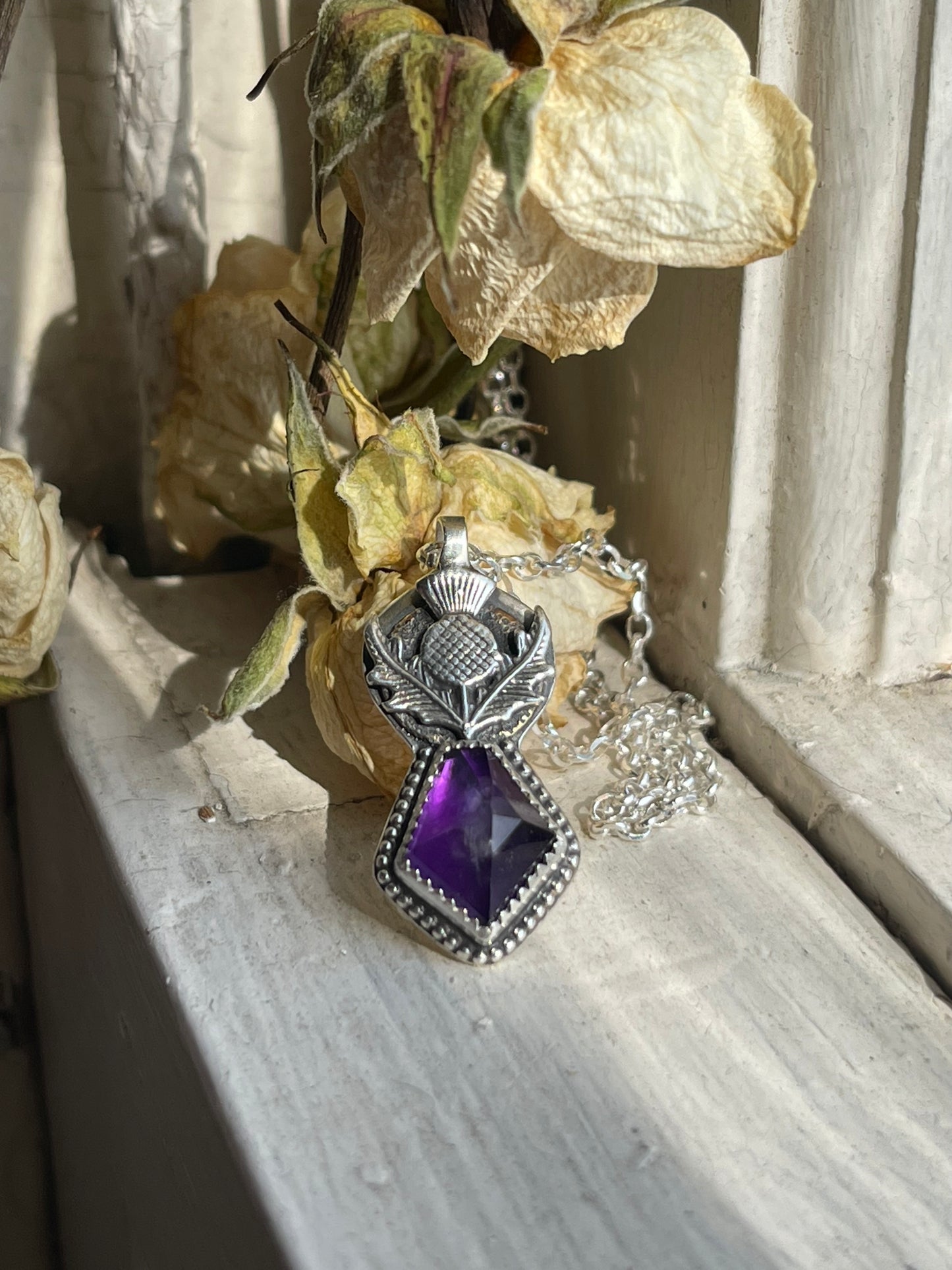 *Queen’s Resilience • Amethyst Thistle Pendant Necklace • Sterling Silver & Brass Mixed Metals