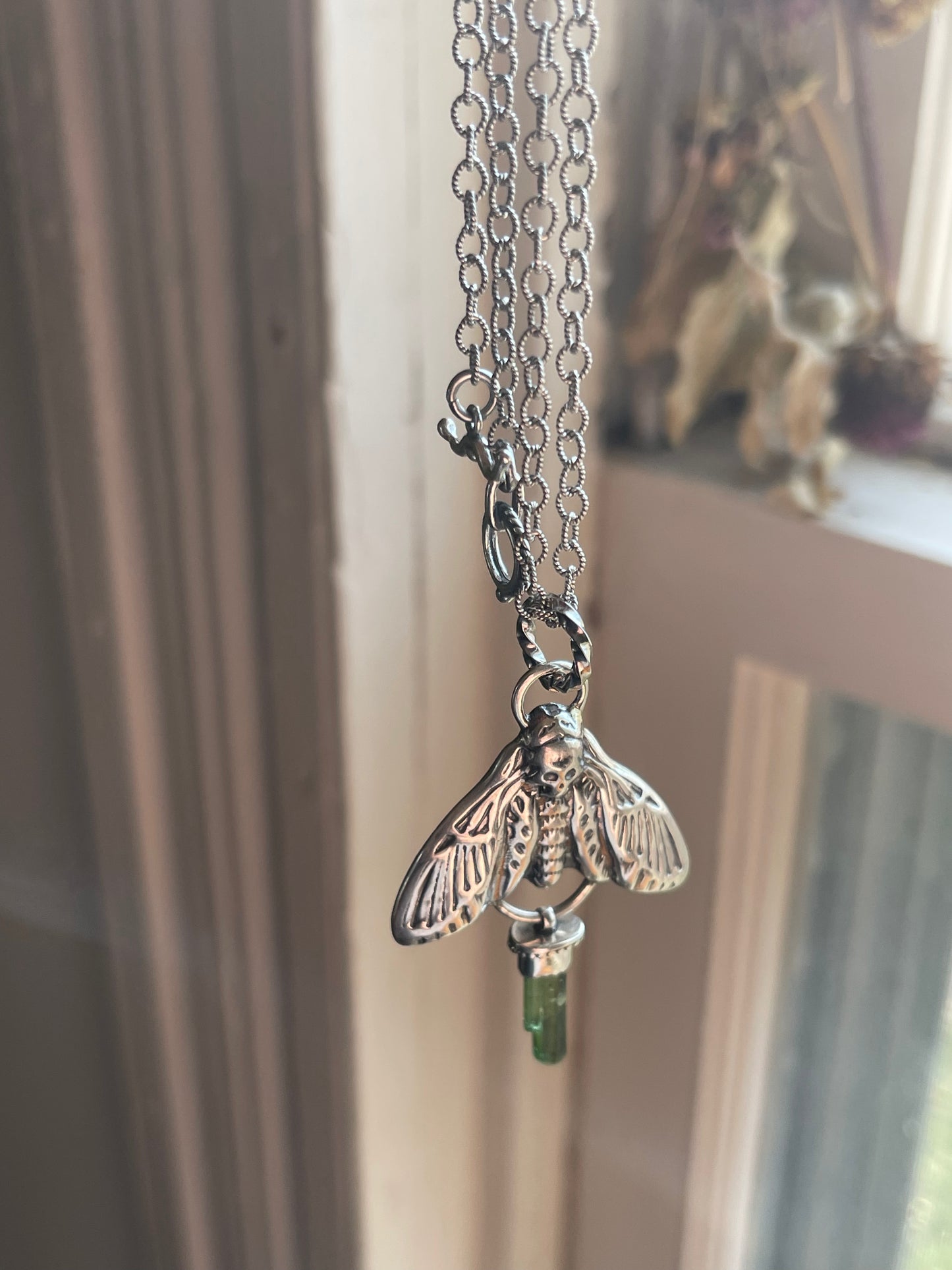 Green Tourmaline Crystal Deathmoth Necklace