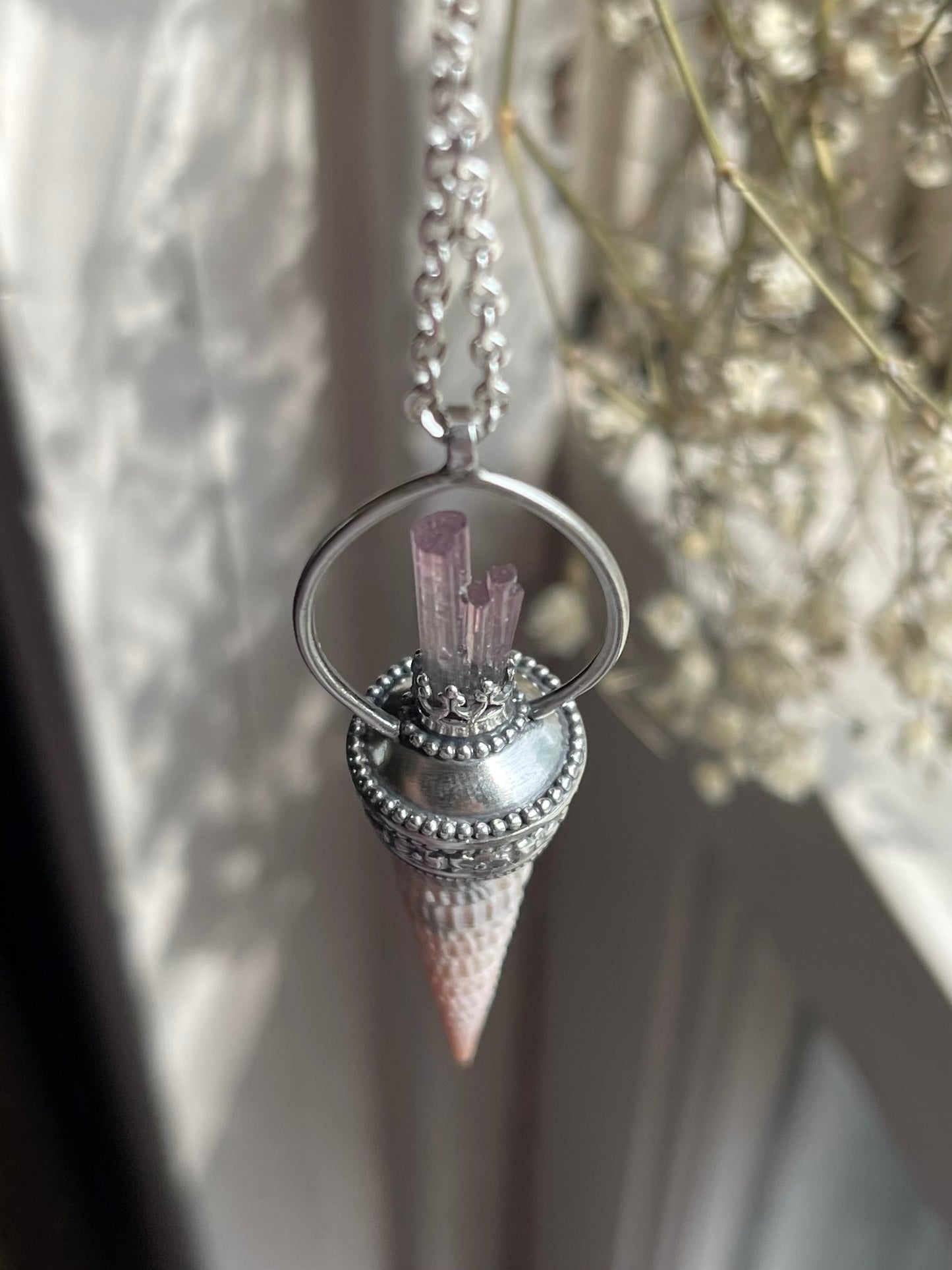Elafonisi Tides • Pink Watermelon Tourmaline Crystal Shell Statement Pendant Necklace