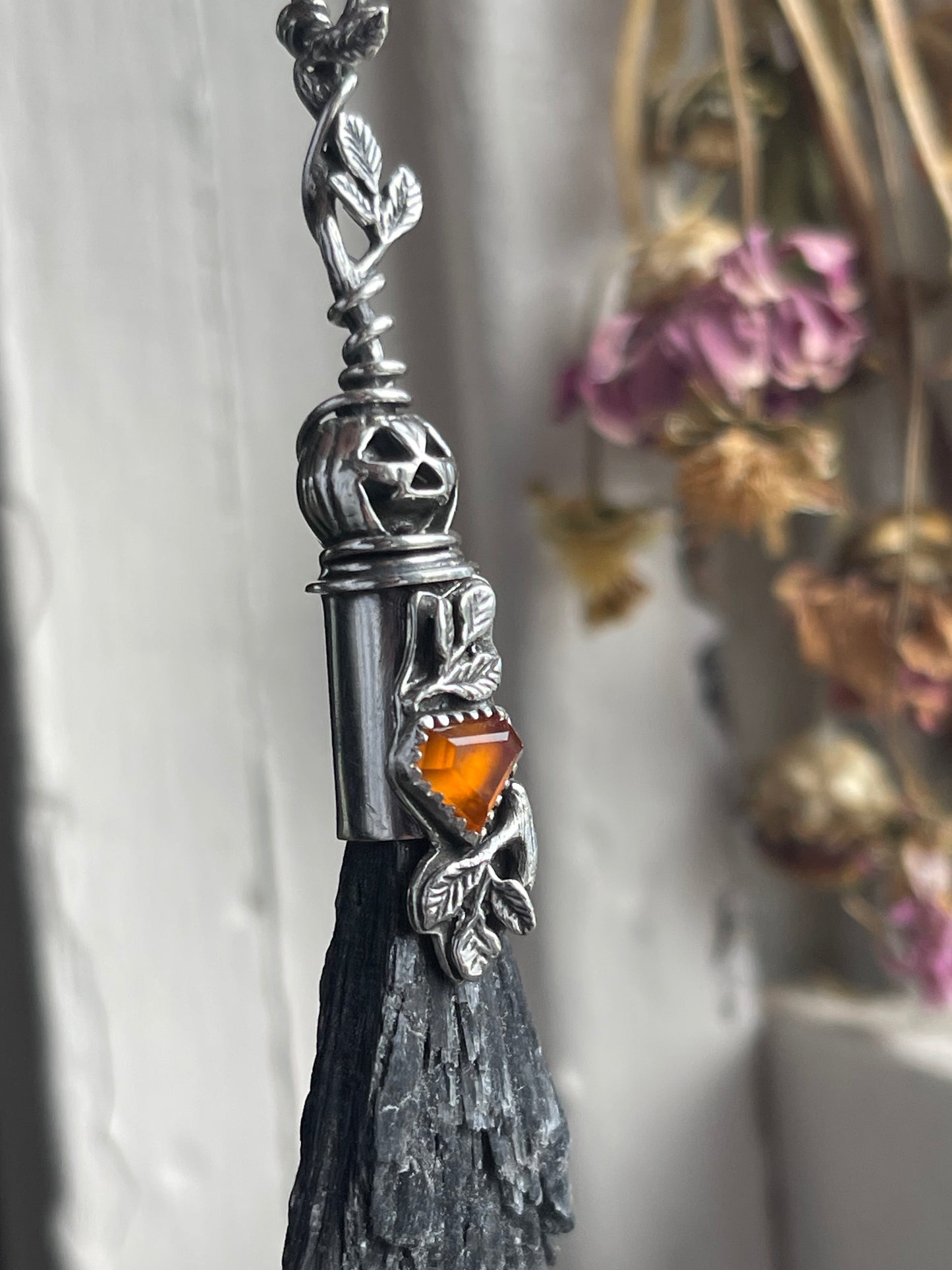Glowing Garnet Pumpkin Autumn Witch Crystal Broom Pendant