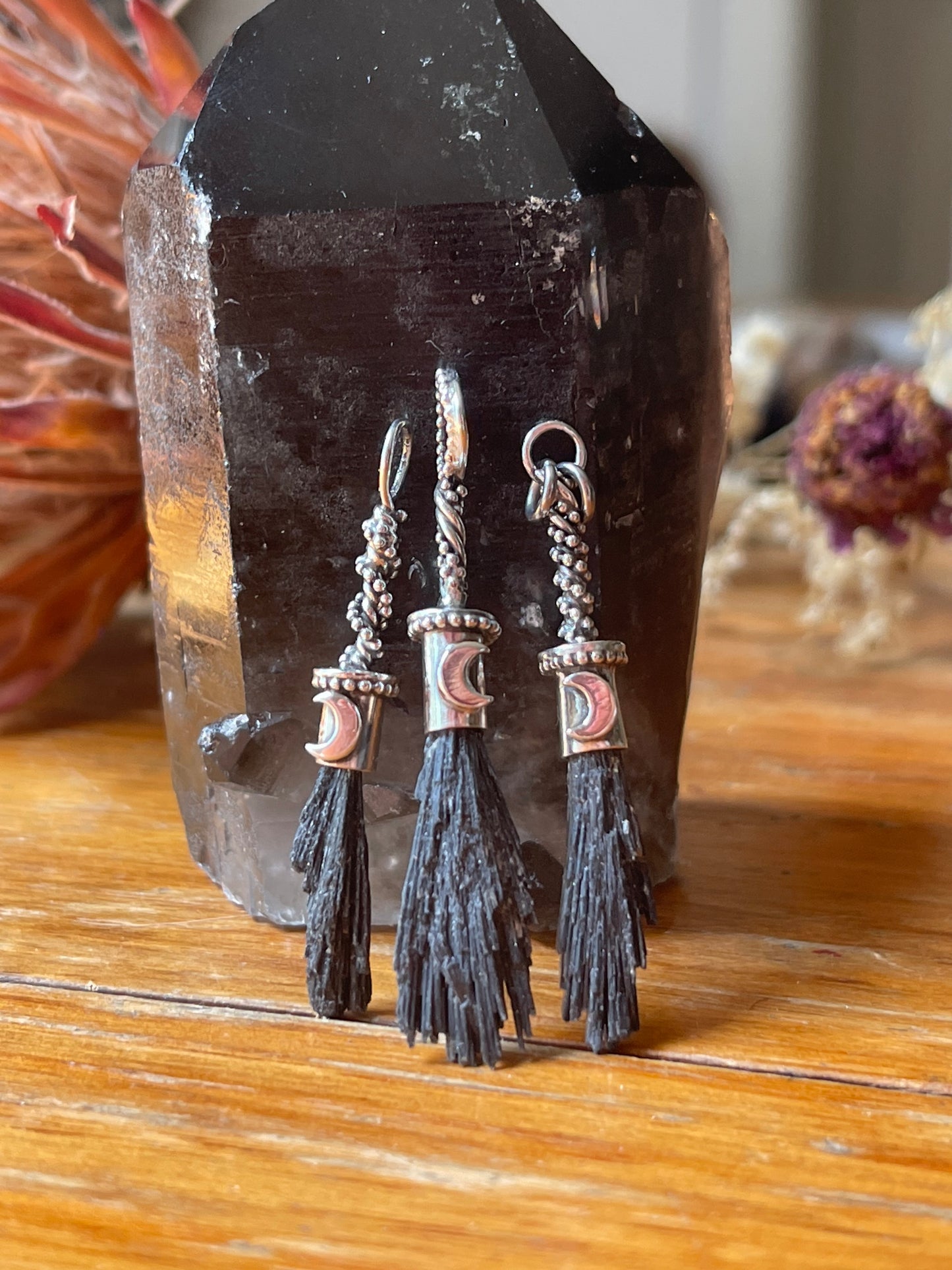 Black Kyanite Crystal Lunar Witch Broom Pendant PRE-ORDER