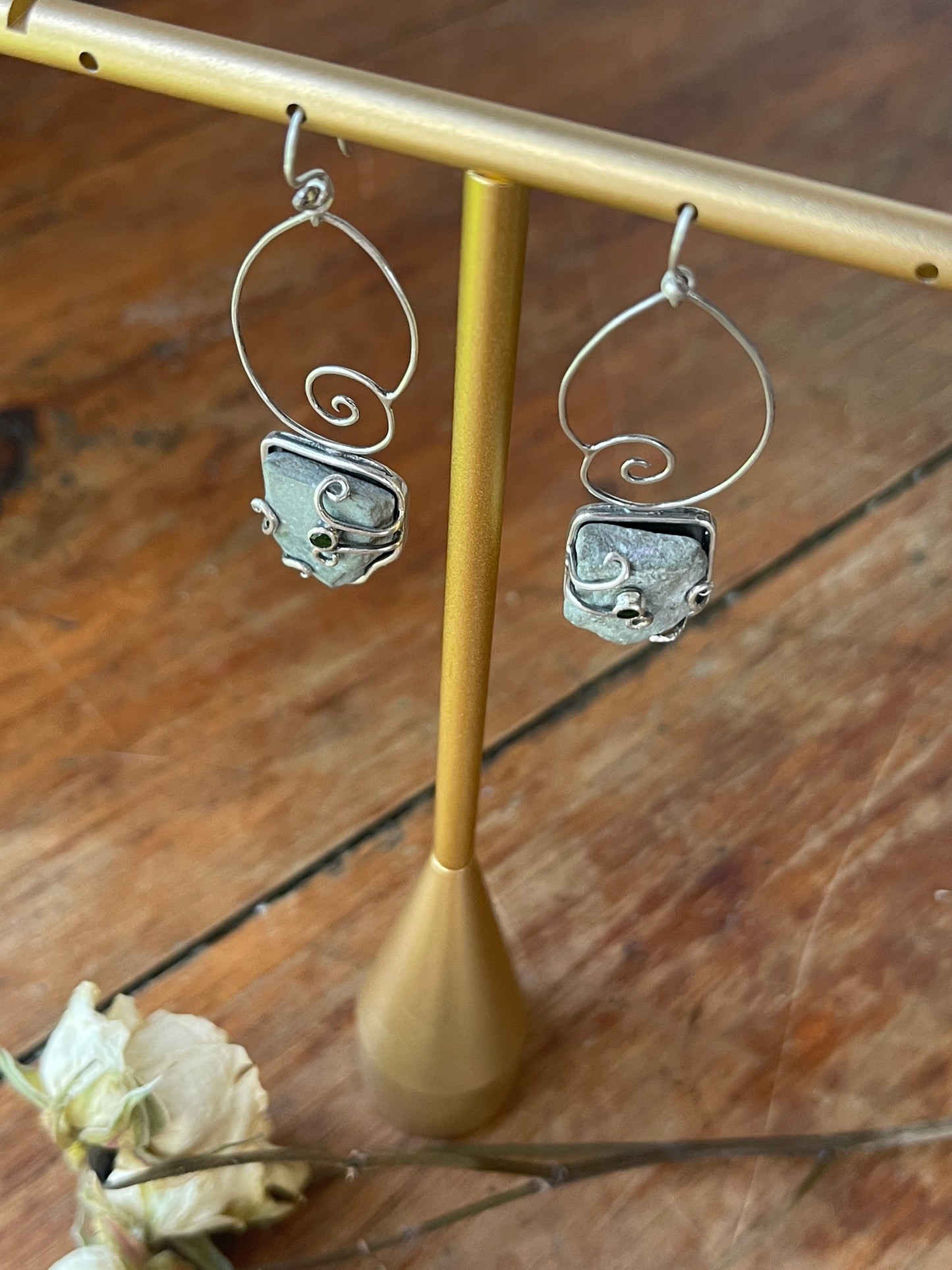 *Forest Snail Dangle Earrings • Chrome Diopside & River Rock • Sterling Silver