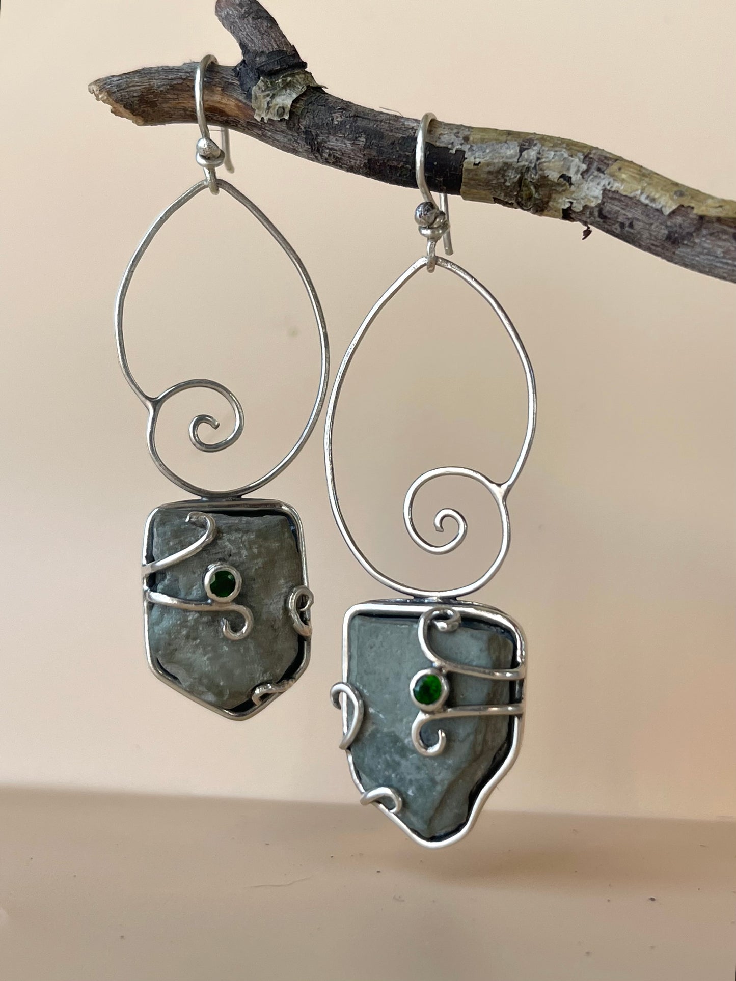 *Forest Snail Dangle Earrings • Chrome Diopside & River Rock • Sterling Silver