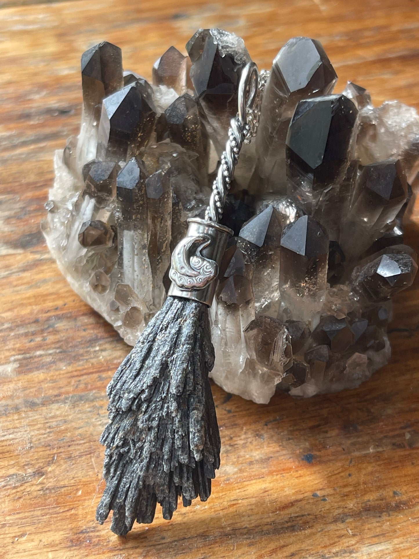 Clouded Crescent Whimsical Lunar Witch Crystal Broom Pendant