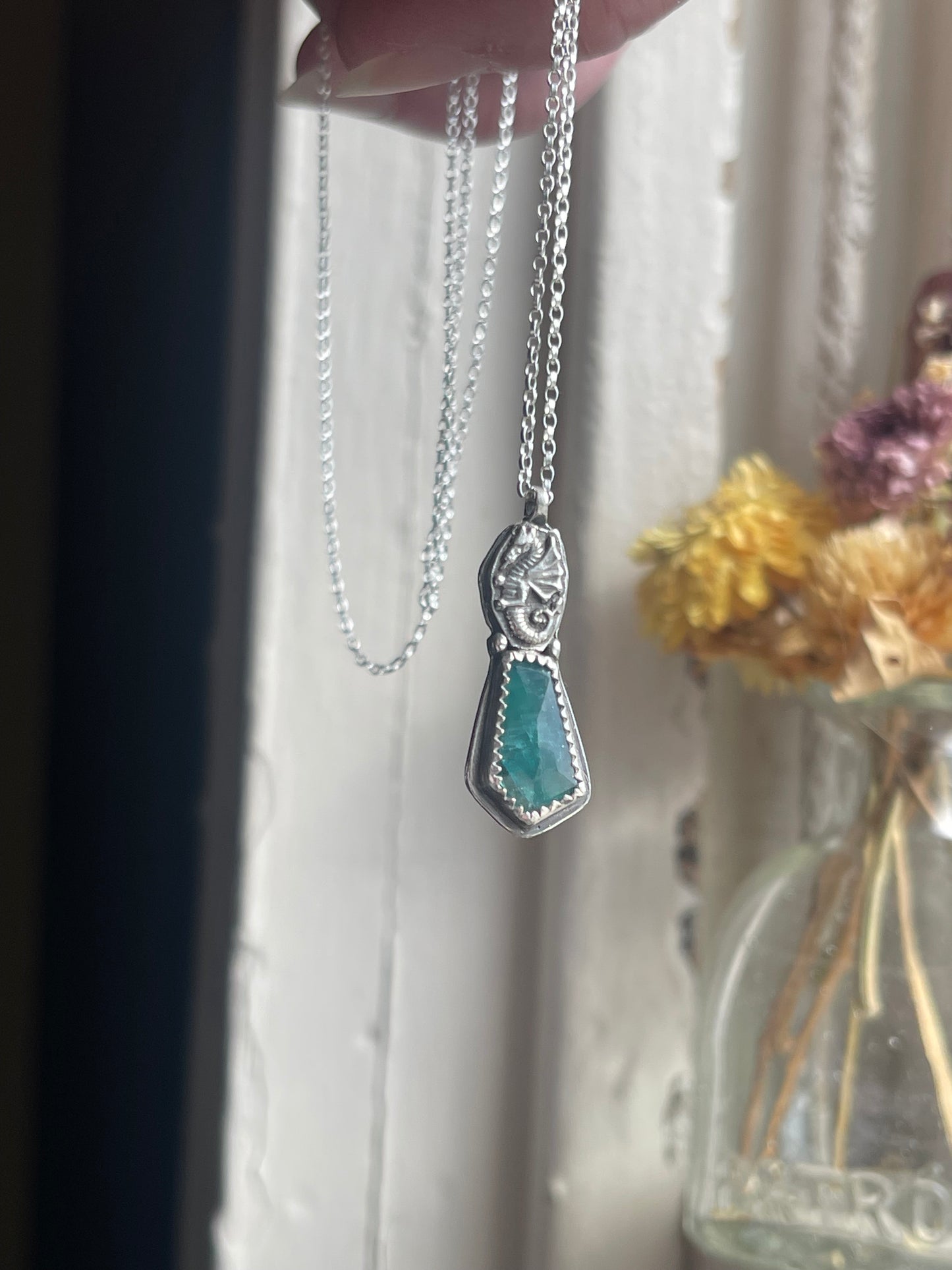 *Selkie’s Tear • Grandidierite Dragon Fine Silver Charm Necklace