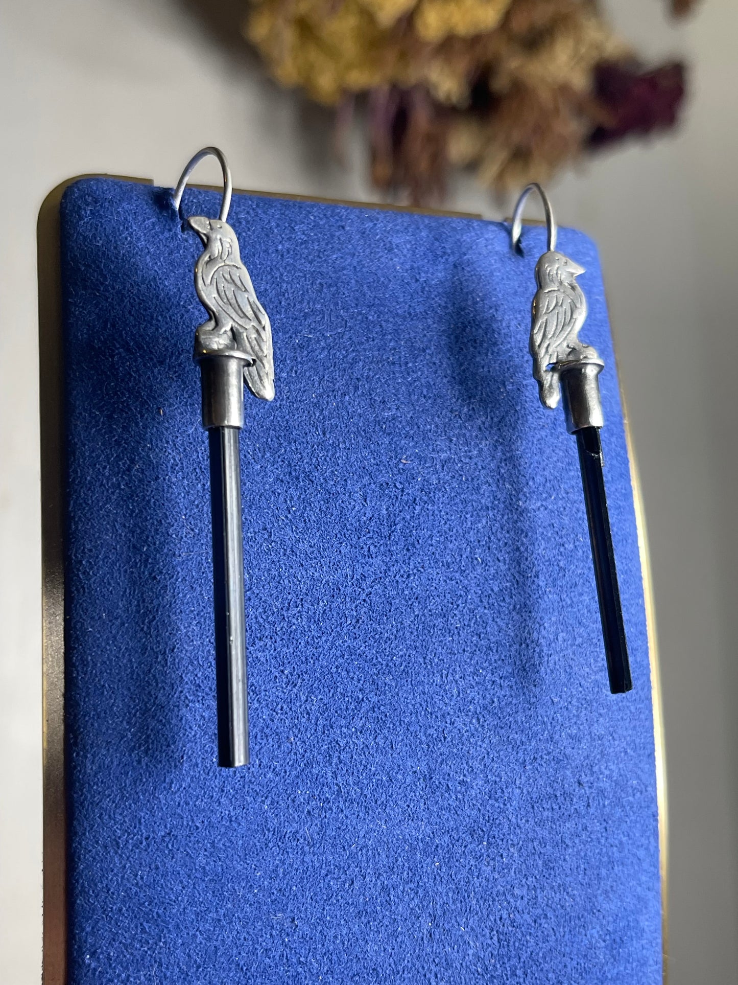 *Nevermore Black Tourmaline Crystal  Corvid Long Drop Earrings • Sterling Silver