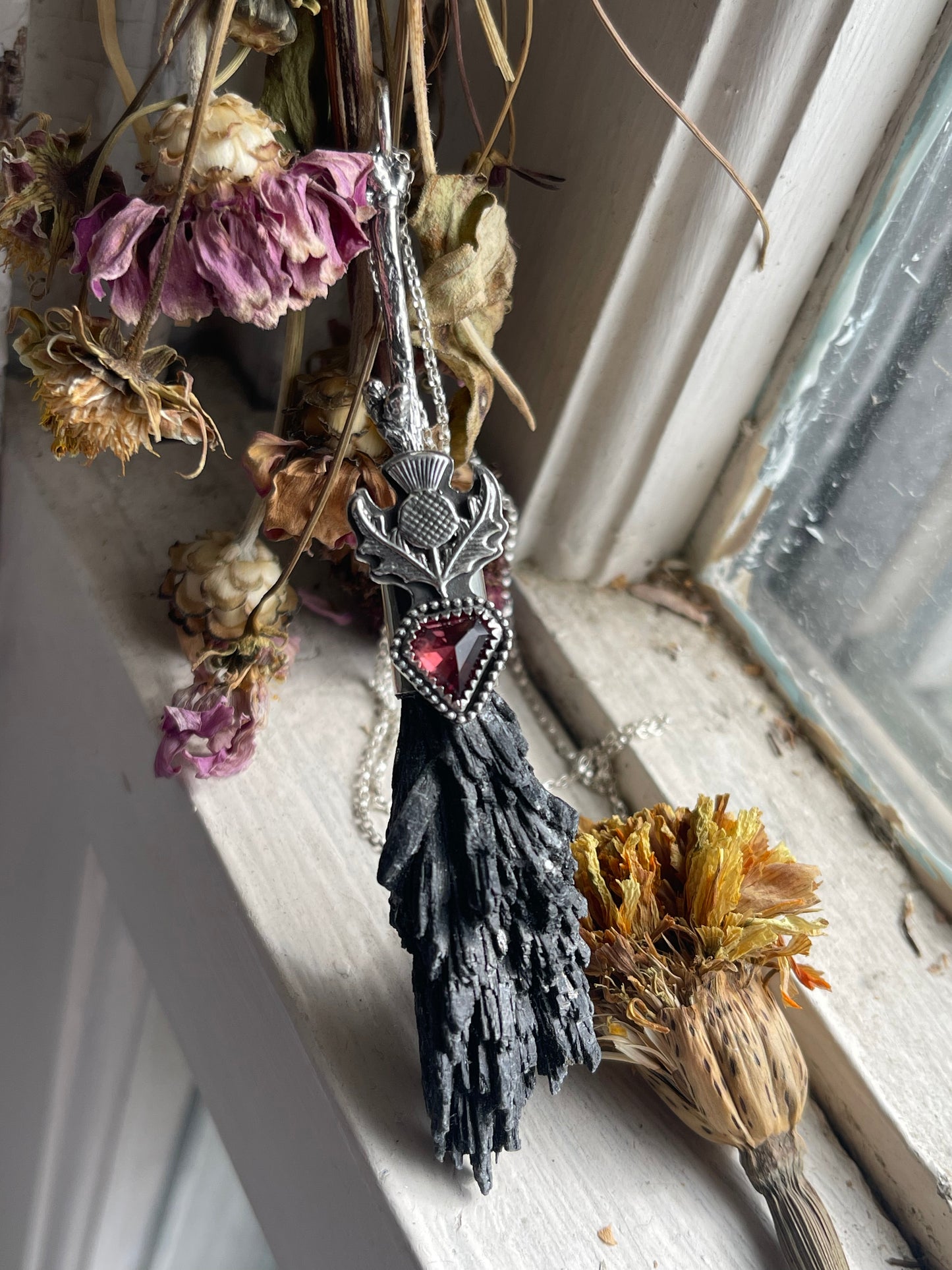 Cottage Witch Thistle Garnet Crystal Broom Pendant