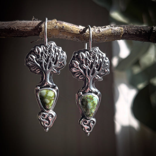 Sacred Grove • Sonoran Gold Turquoise Celtic Knot Tree Drop Earrings • Sterling Silver