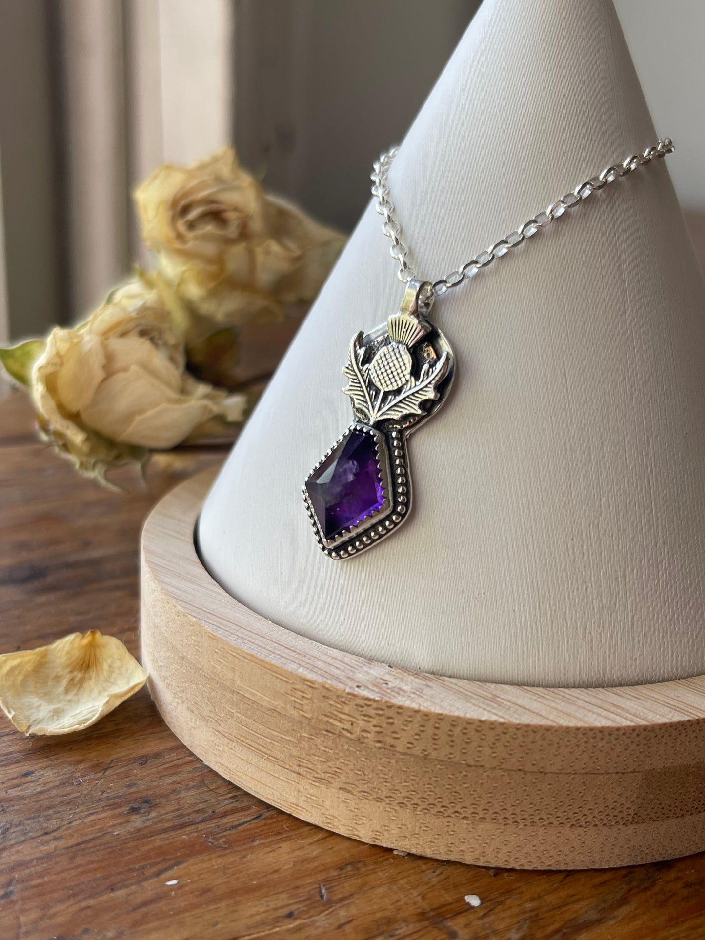 *Queen’s Resilience • Amethyst Thistle Pendant Necklace • Sterling Silver & Brass Mixed Metals