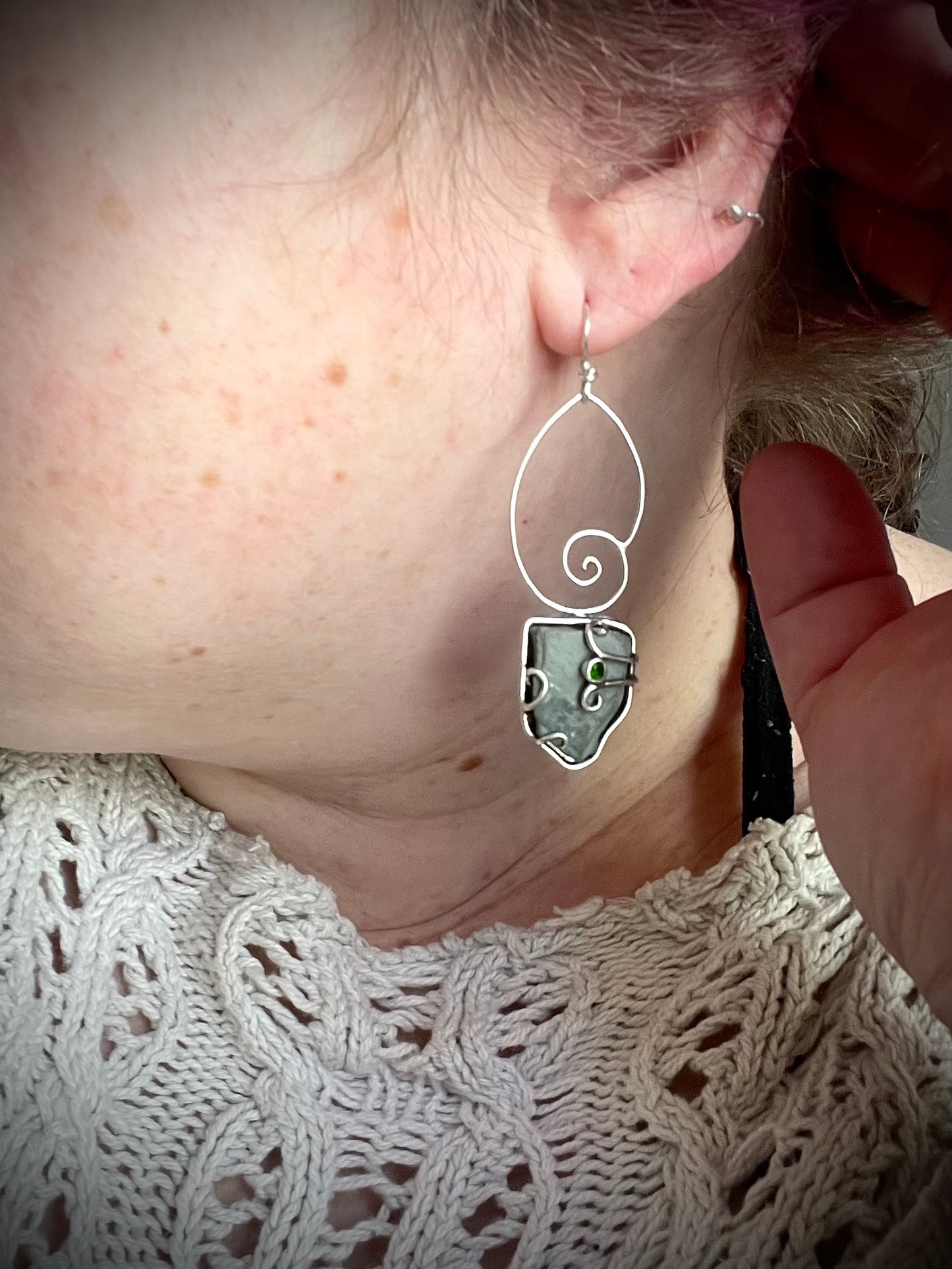 *Forest Snail Dangle Earrings • Chrome Diopside & River Rock • Sterling Silver