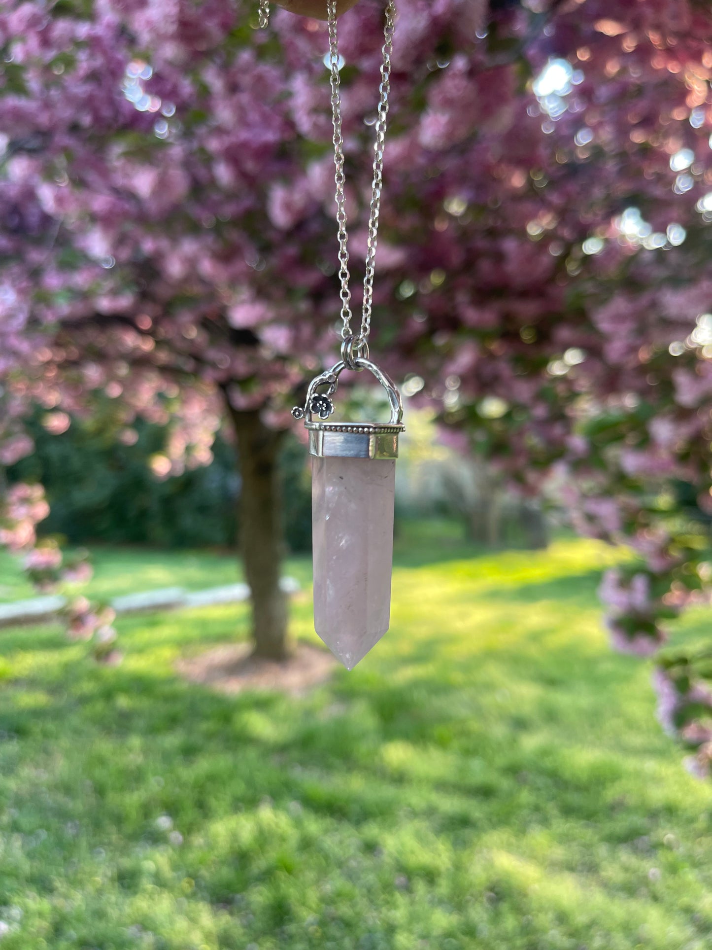 Cherries & Roses • Rose Quartz Crystal Floral pendant necklace