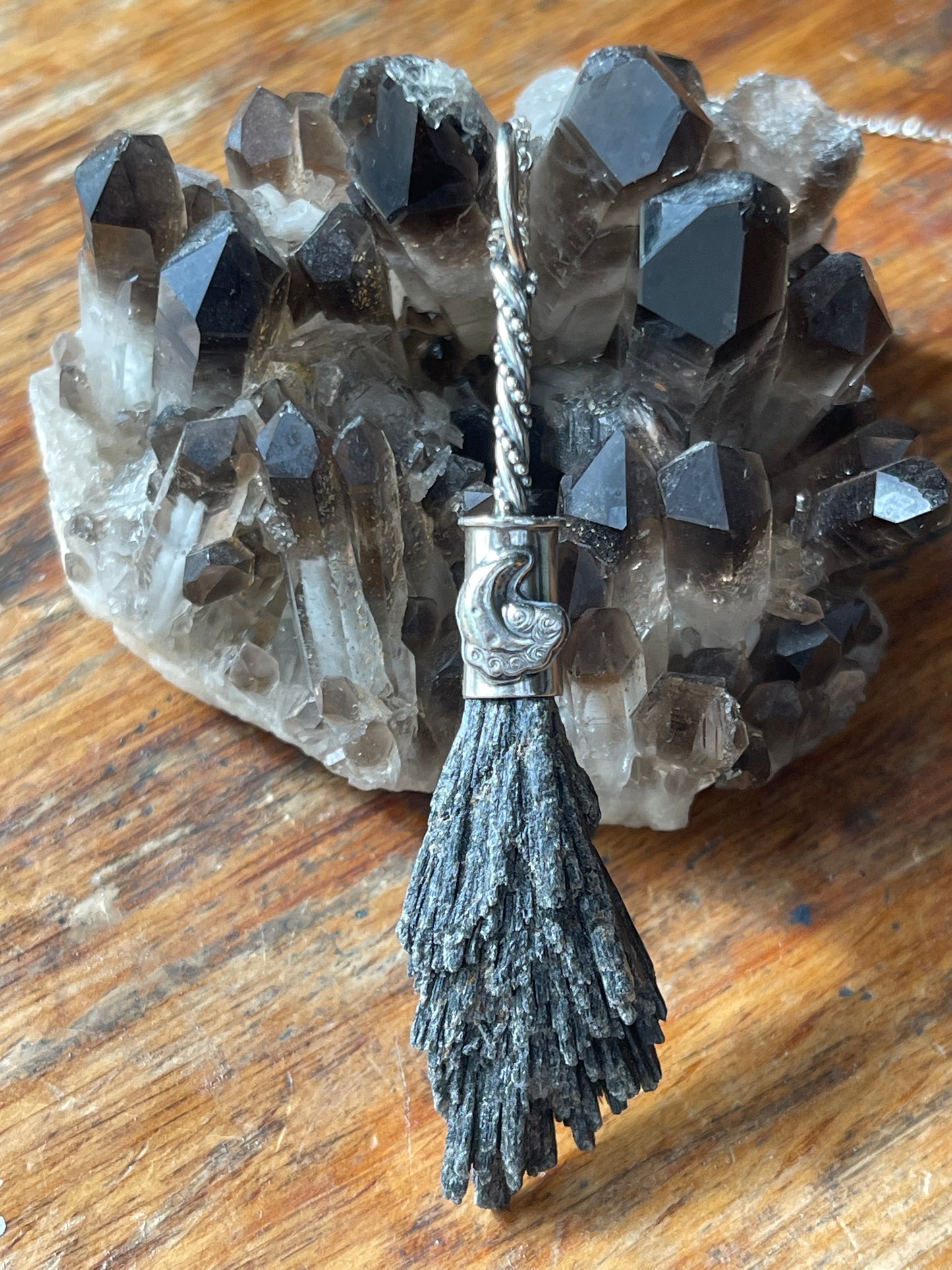 Clouded Crescent Whimsical Lunar Witch Crystal Broom Pendant