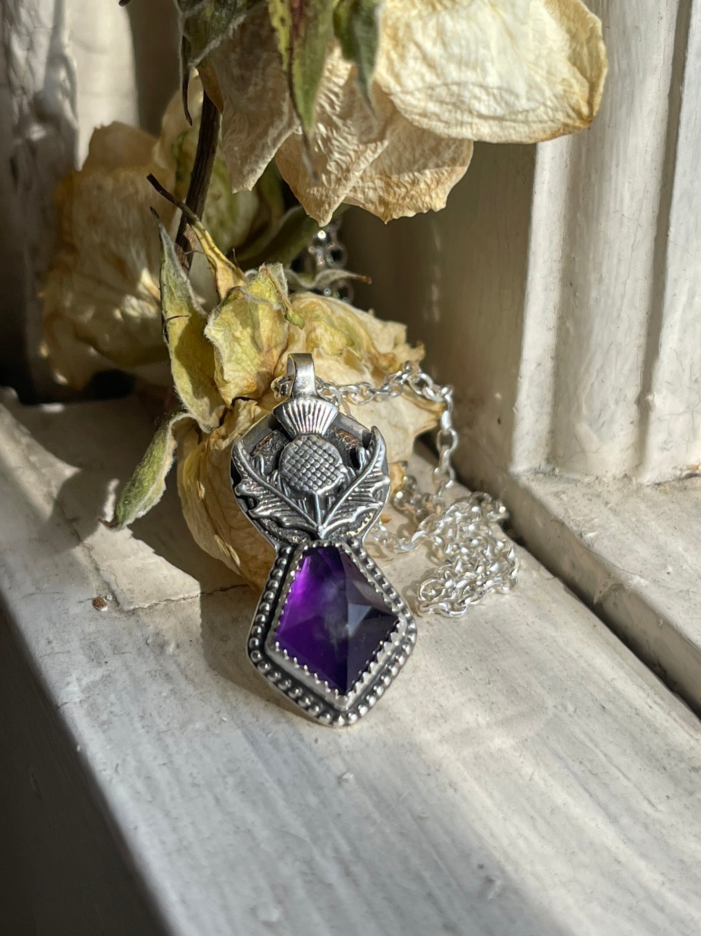 *Queen’s Resilience • Amethyst Thistle Pendant Necklace • Sterling Silver & Brass Mixed Metals