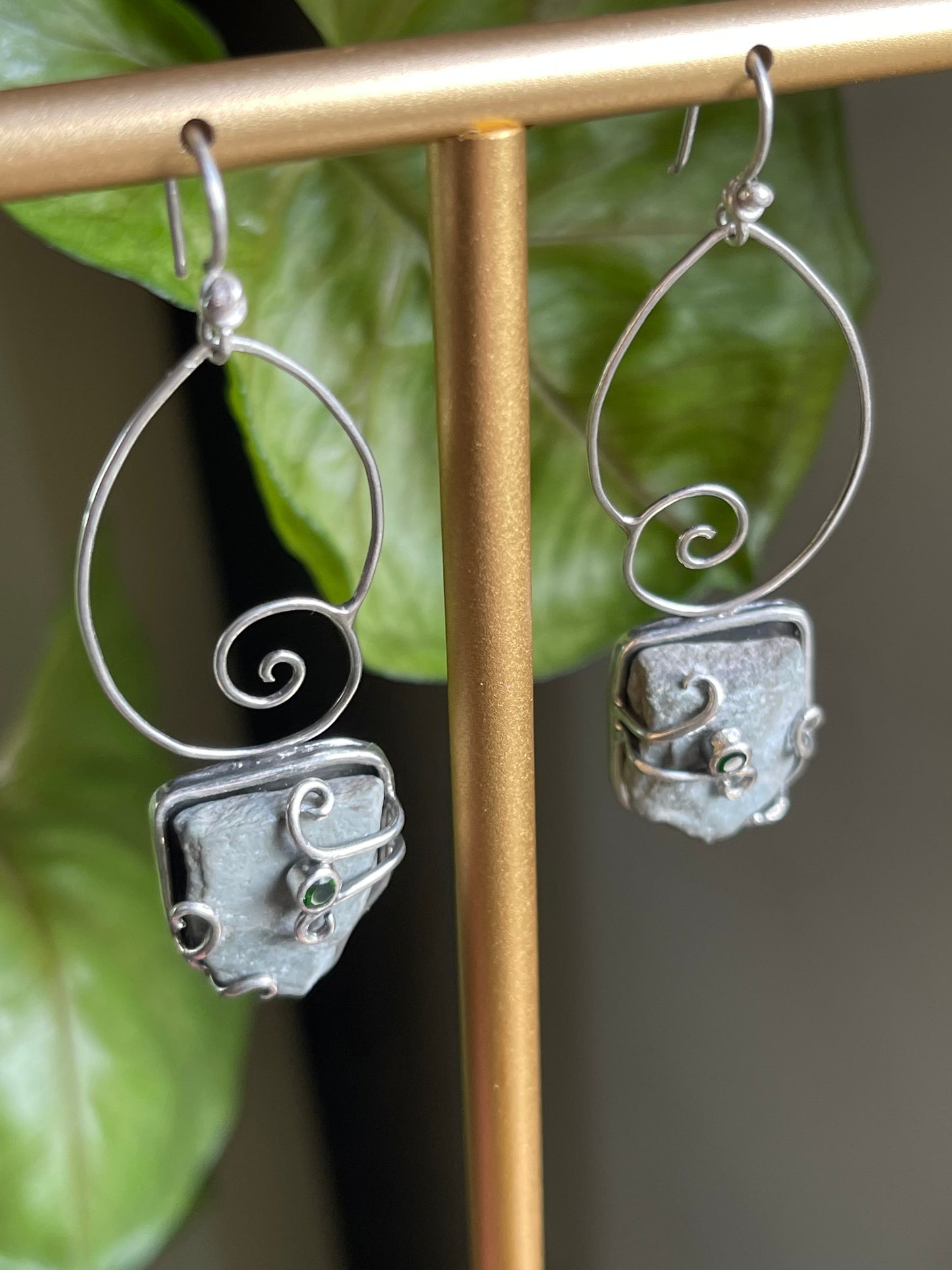 *Forest Snail Dangle Earrings • Chrome Diopside & River Rock • Sterling Silver