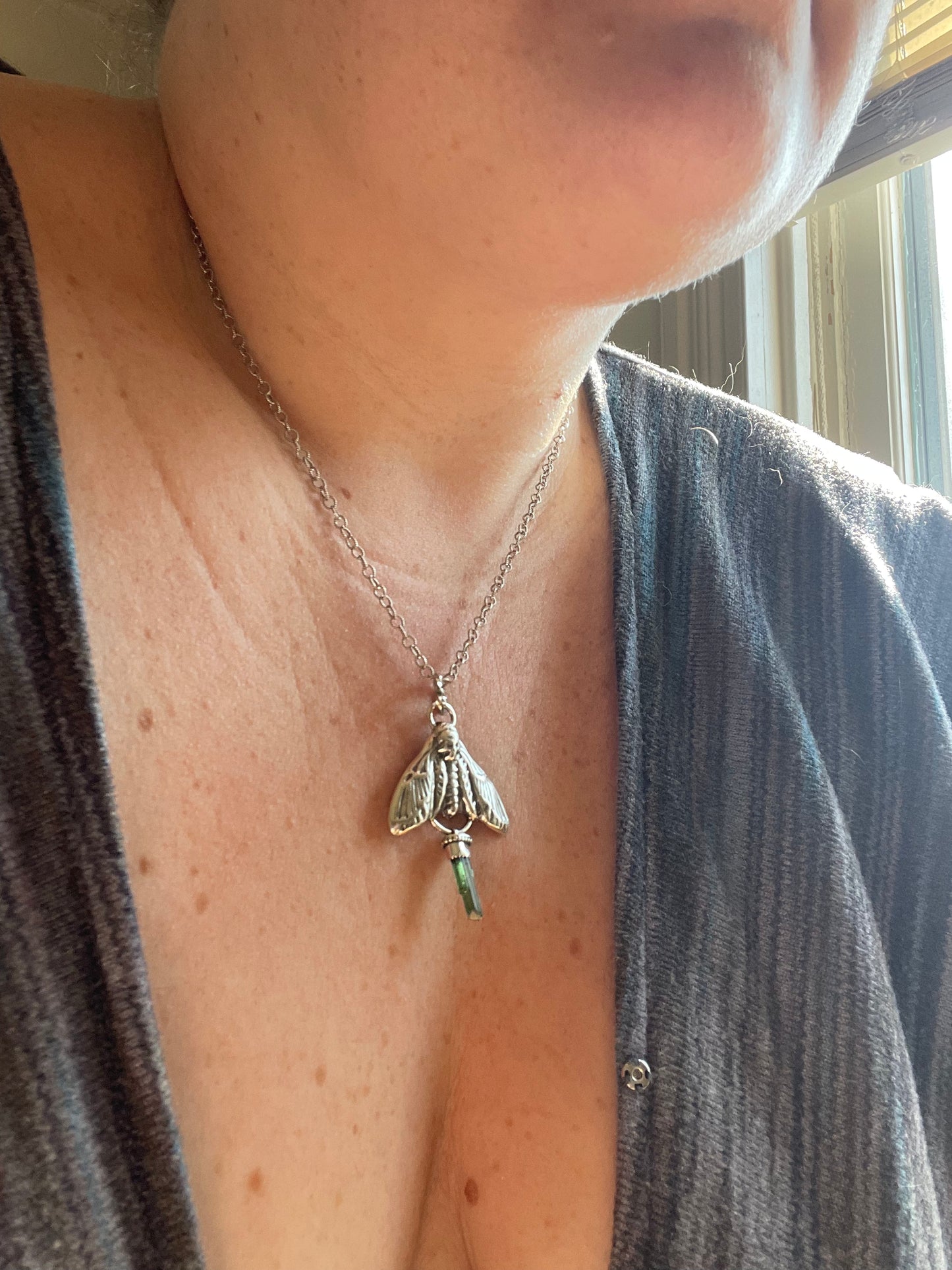 Green Tourmaline Crystal Deathmoth Necklace