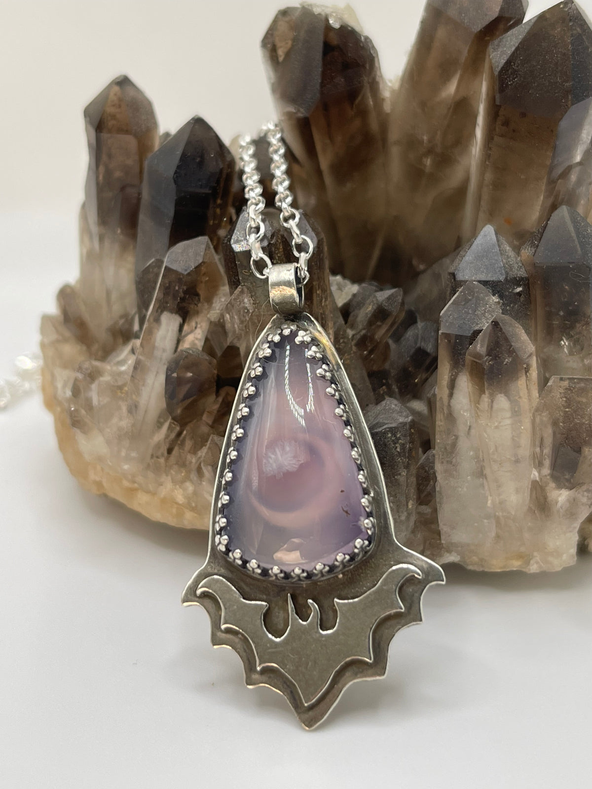 *Creature of the Night • Purple Moss Agate Sterling Silver Bat Pendant Necklace