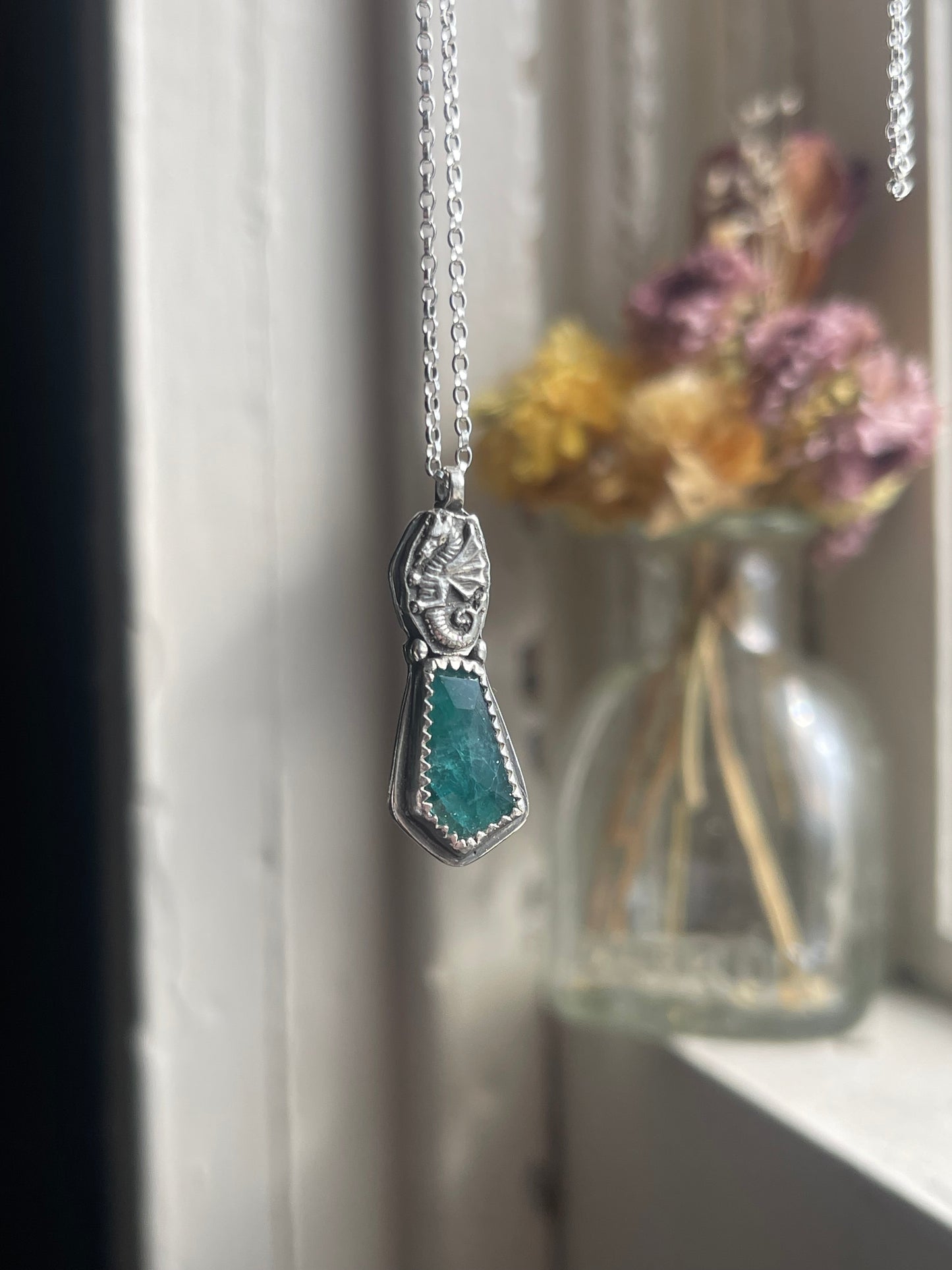 *Selkie’s Tear • Grandidierite Dragon Fine Silver Charm Necklace