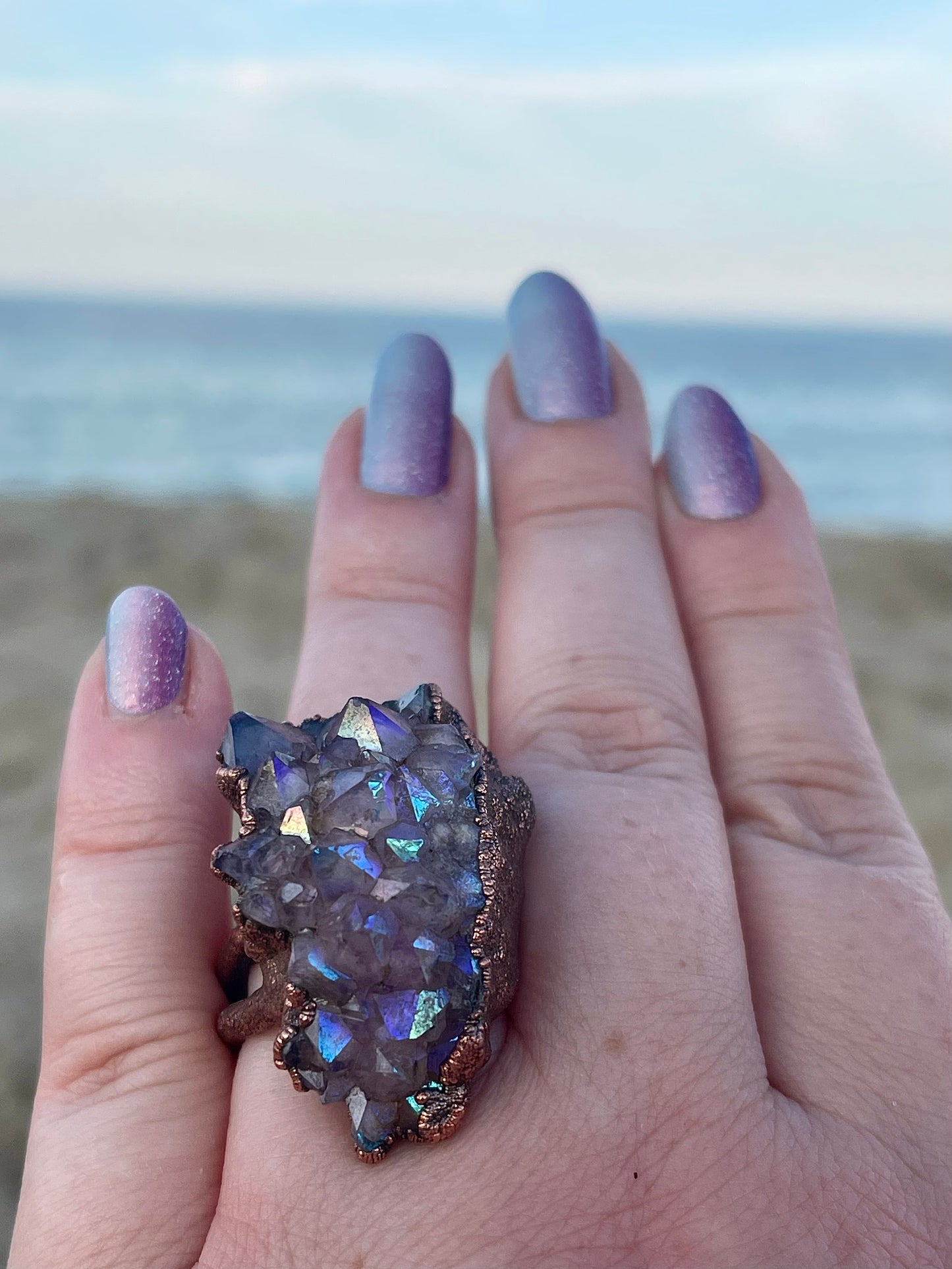 Angel Aurafied Geode Quartz Electroformed Copper Statement Ring