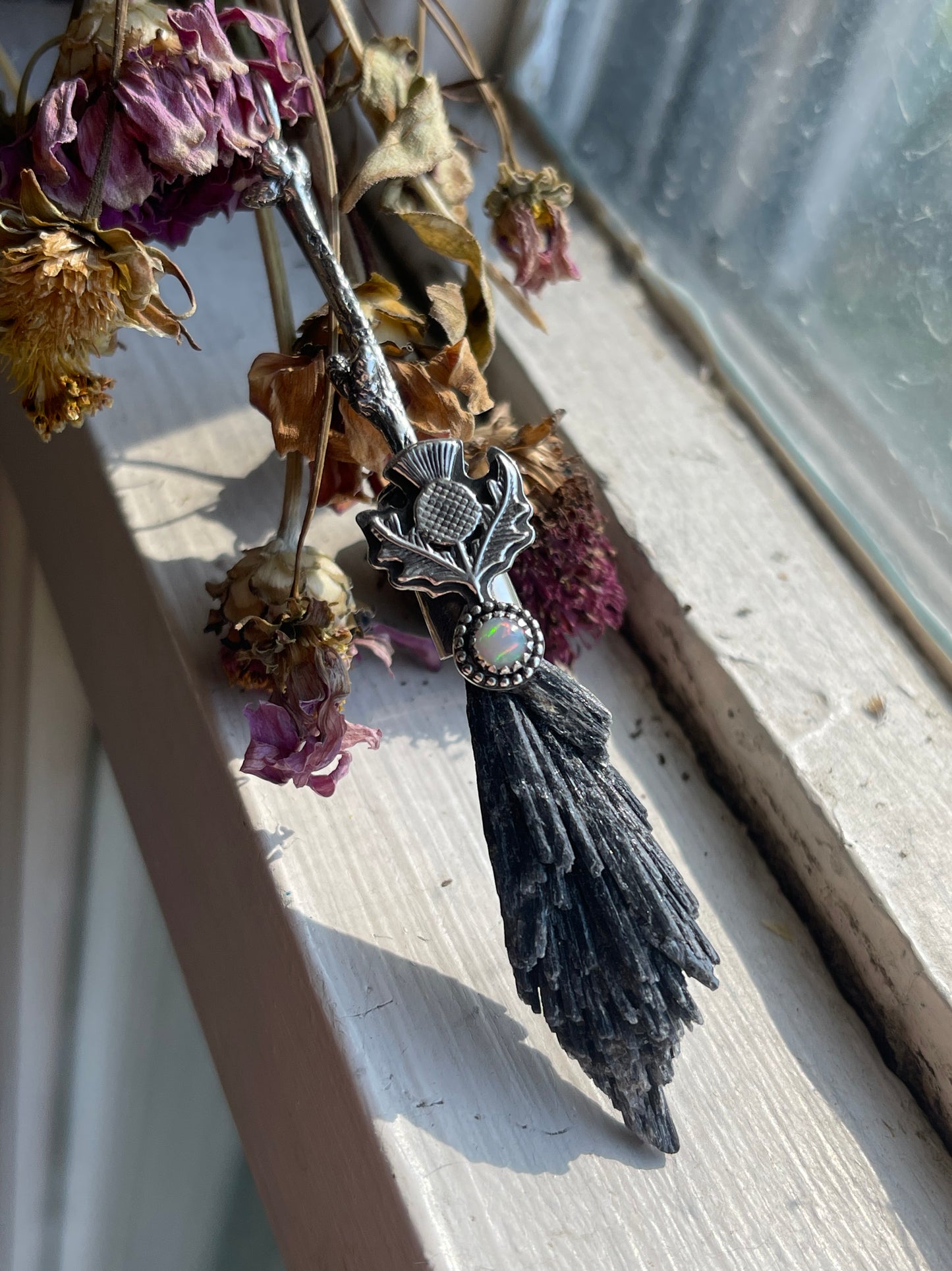 Thistle Opal Cottage Witch Crystal Broom Pendant