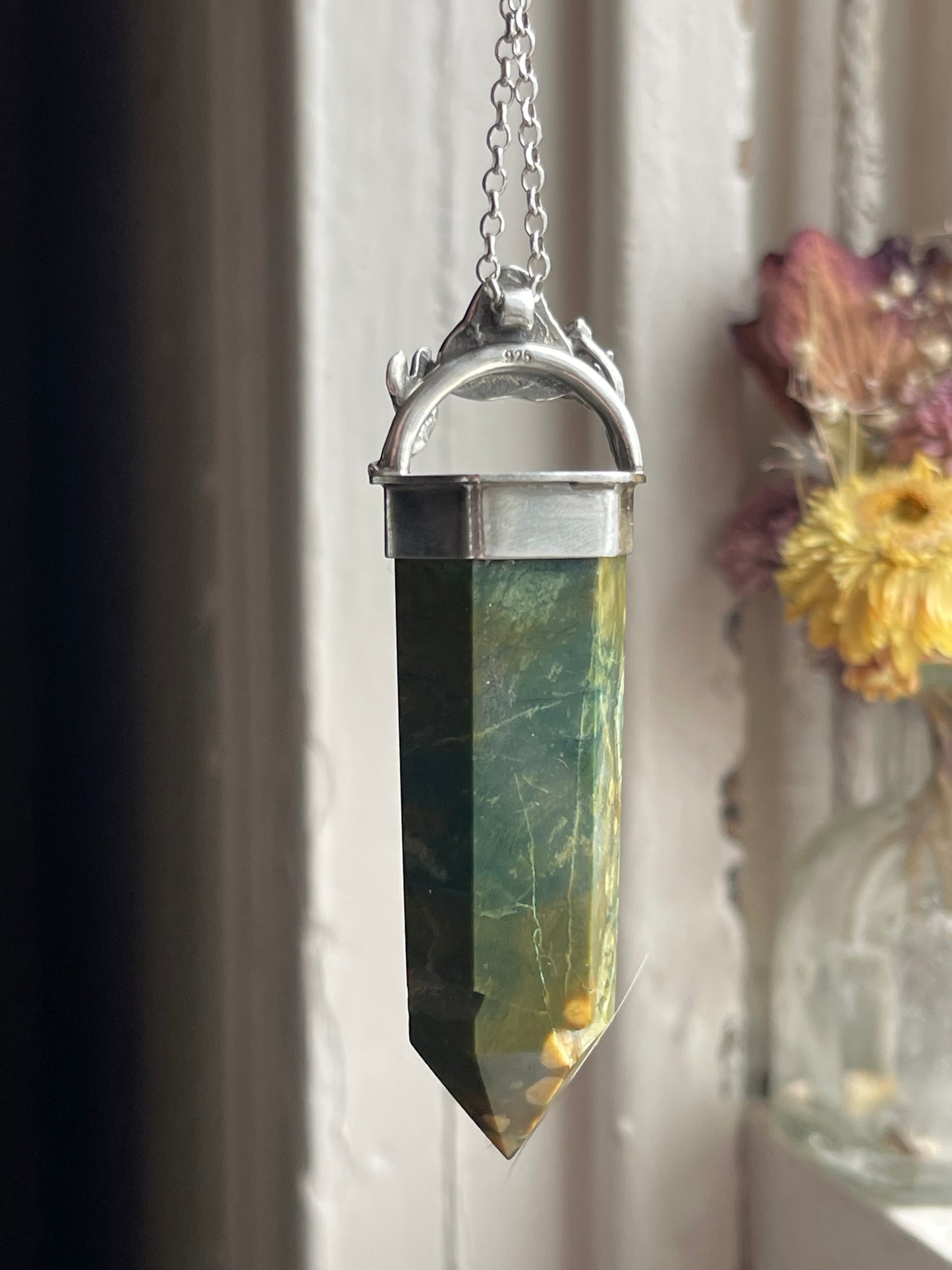 *Oakfather’s Blessing • Rainforest Agate Greenman Crystal with Orange Sapphire Eyes • Sterling Silver