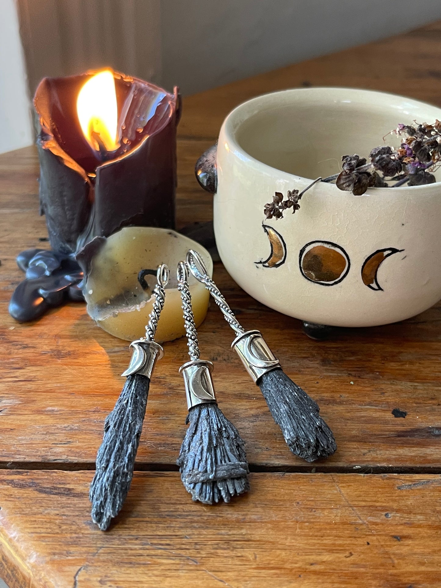 Black Kyanite Crystal Lunar Witch Broom Pendant PRE-ORDER