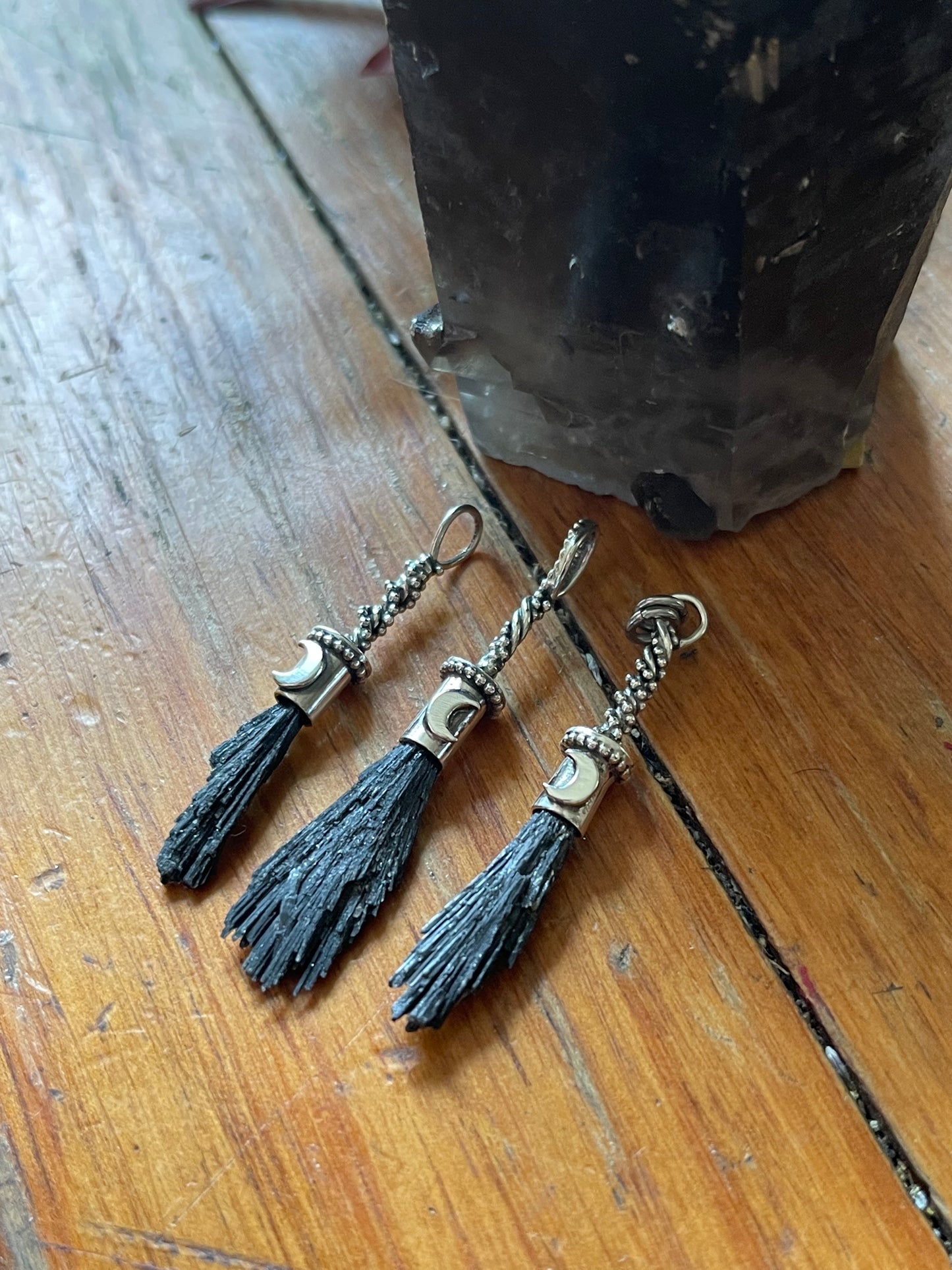 Black Kyanite Crystal Lunar Witch Broom Pendant PRE-ORDER