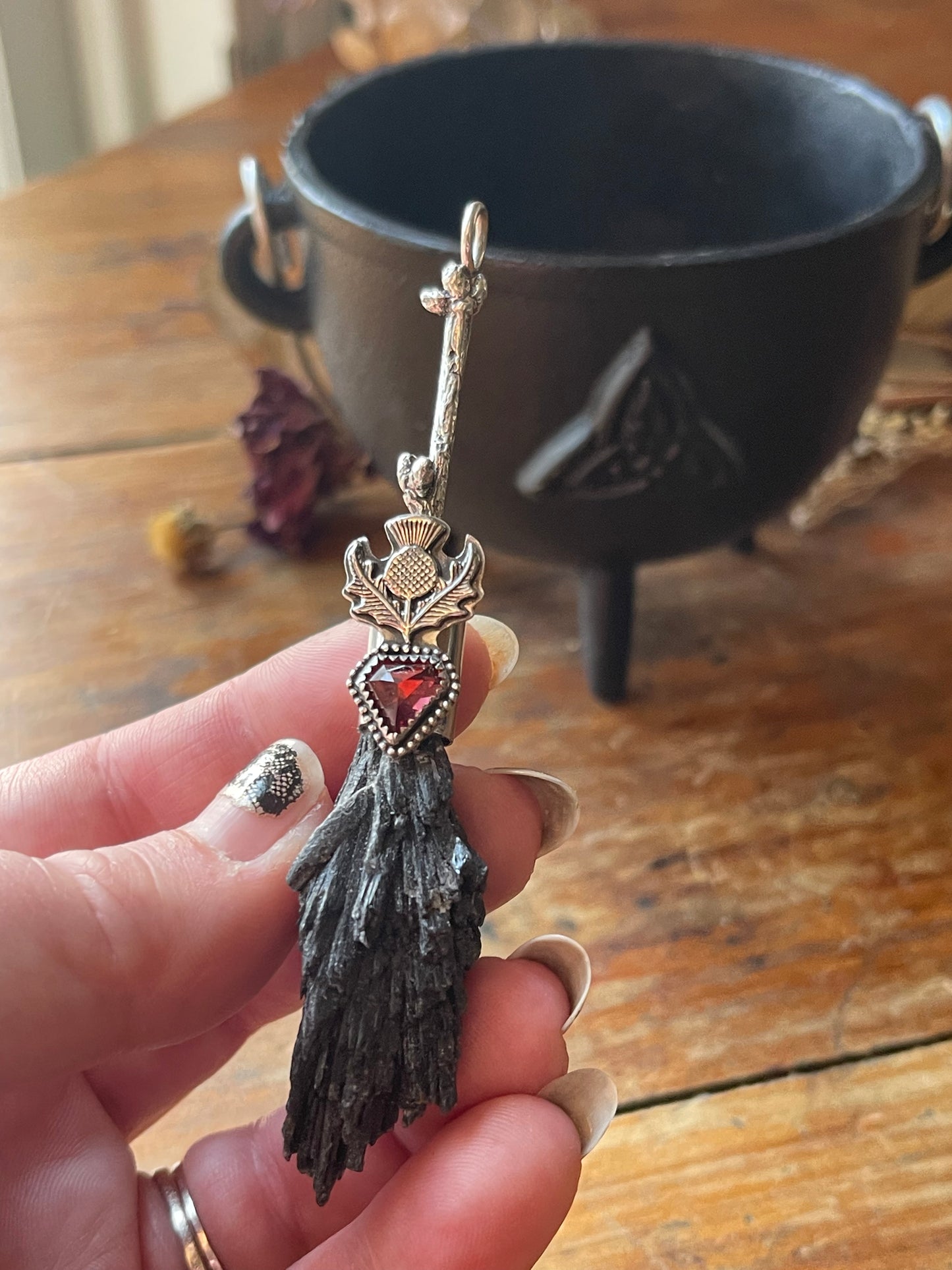 Cottage Witch Thistle Garnet Crystal Broom Pendant