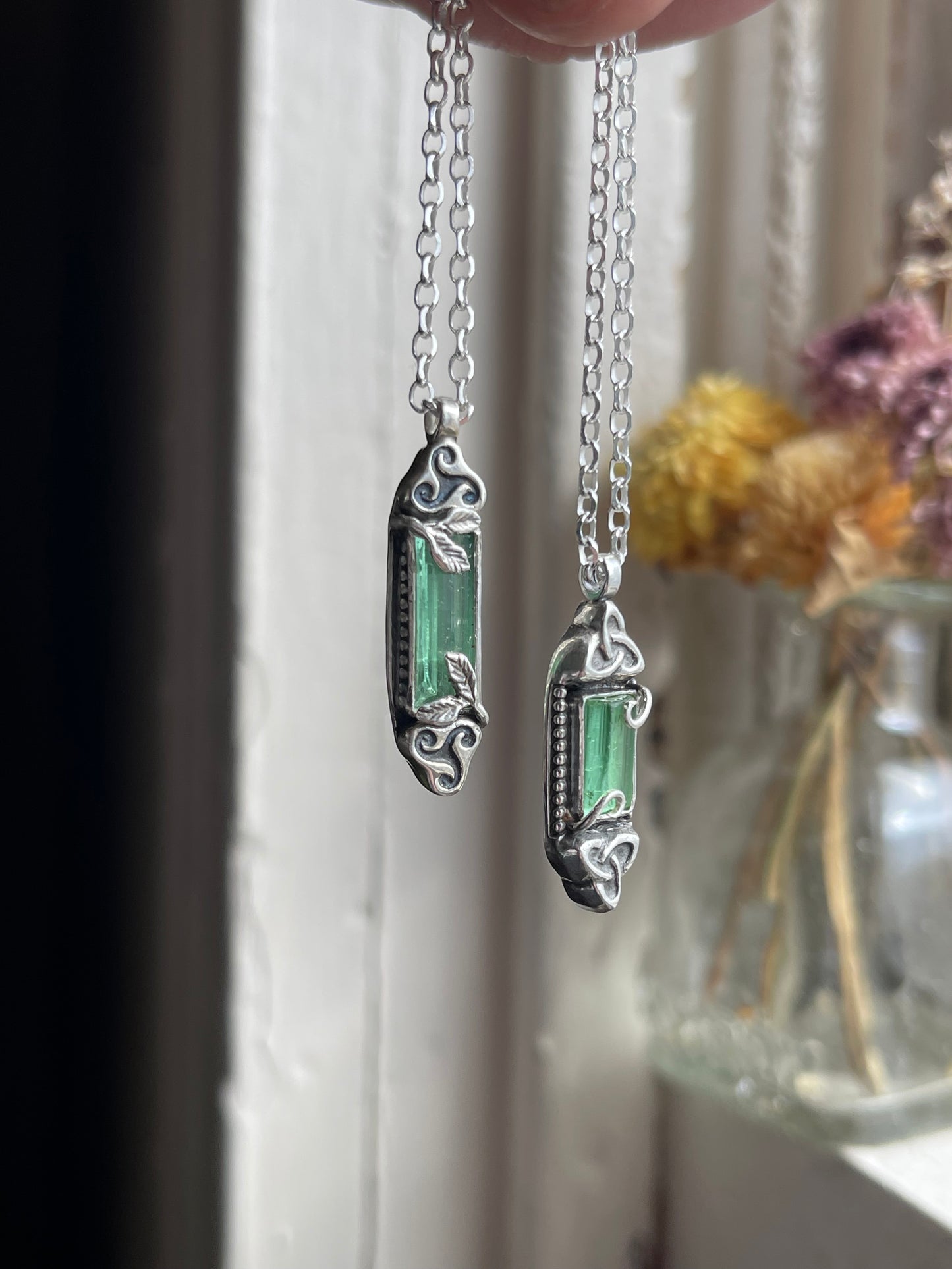 *Mabon’s Treasure • Green Tourmaline Crystal Triskelion Celtic Pendant Necklace