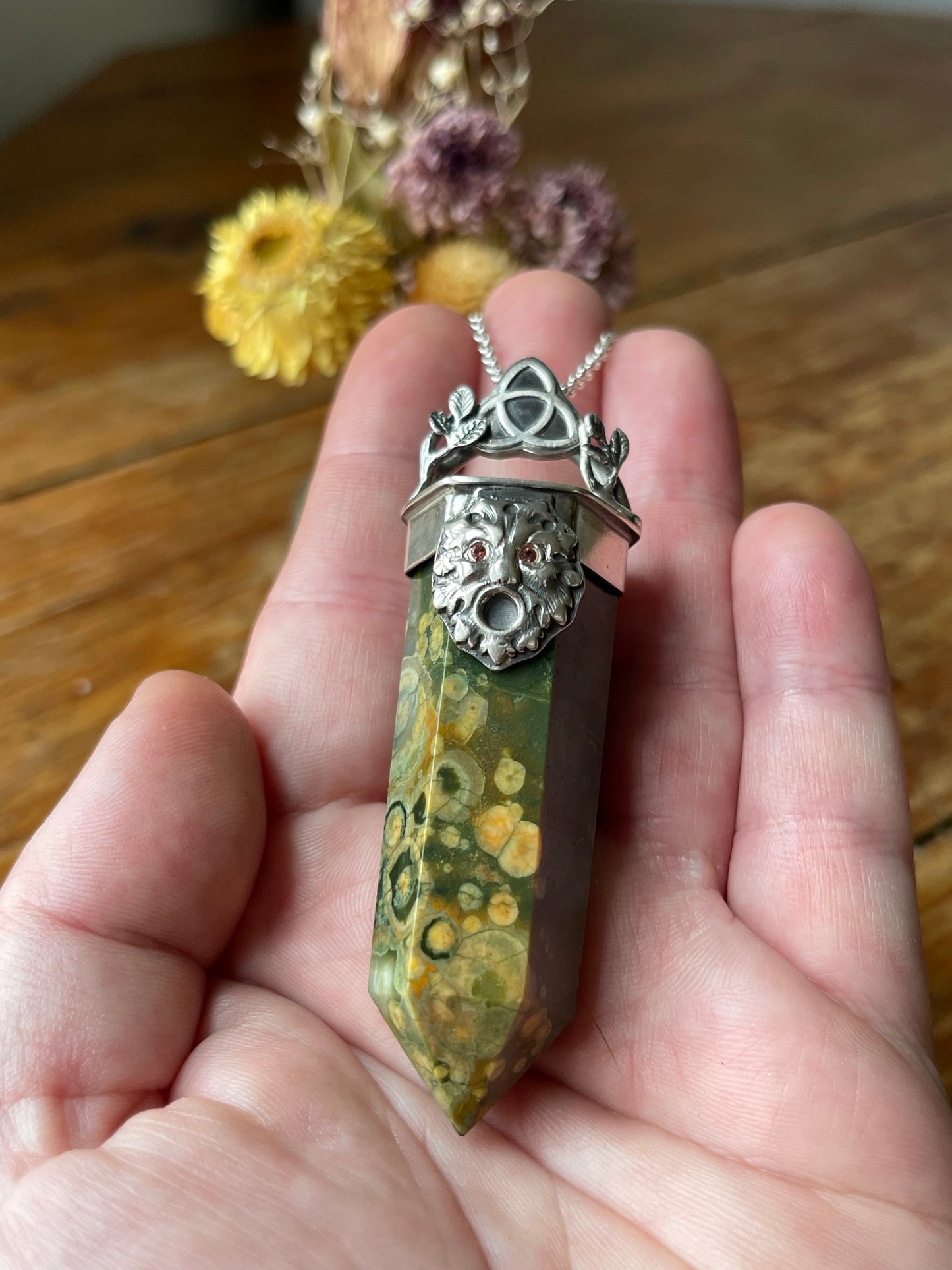 *Oakfather’s Blessing • Rainforest Agate Greenman Crystal with Orange Sapphire Eyes • Sterling Silver