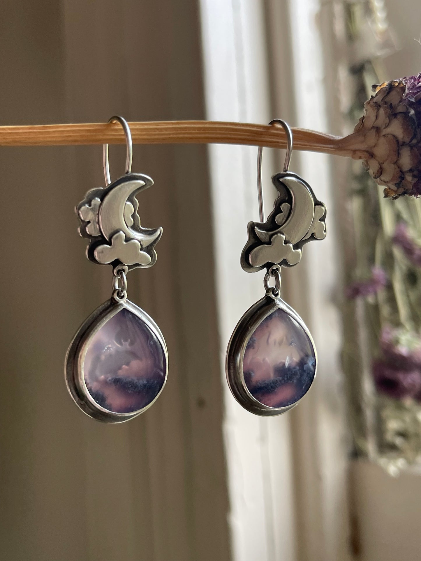 *Meet Me at the Midnight Hour • Purple Moss Agate Moon & Bat drop dangle earrings