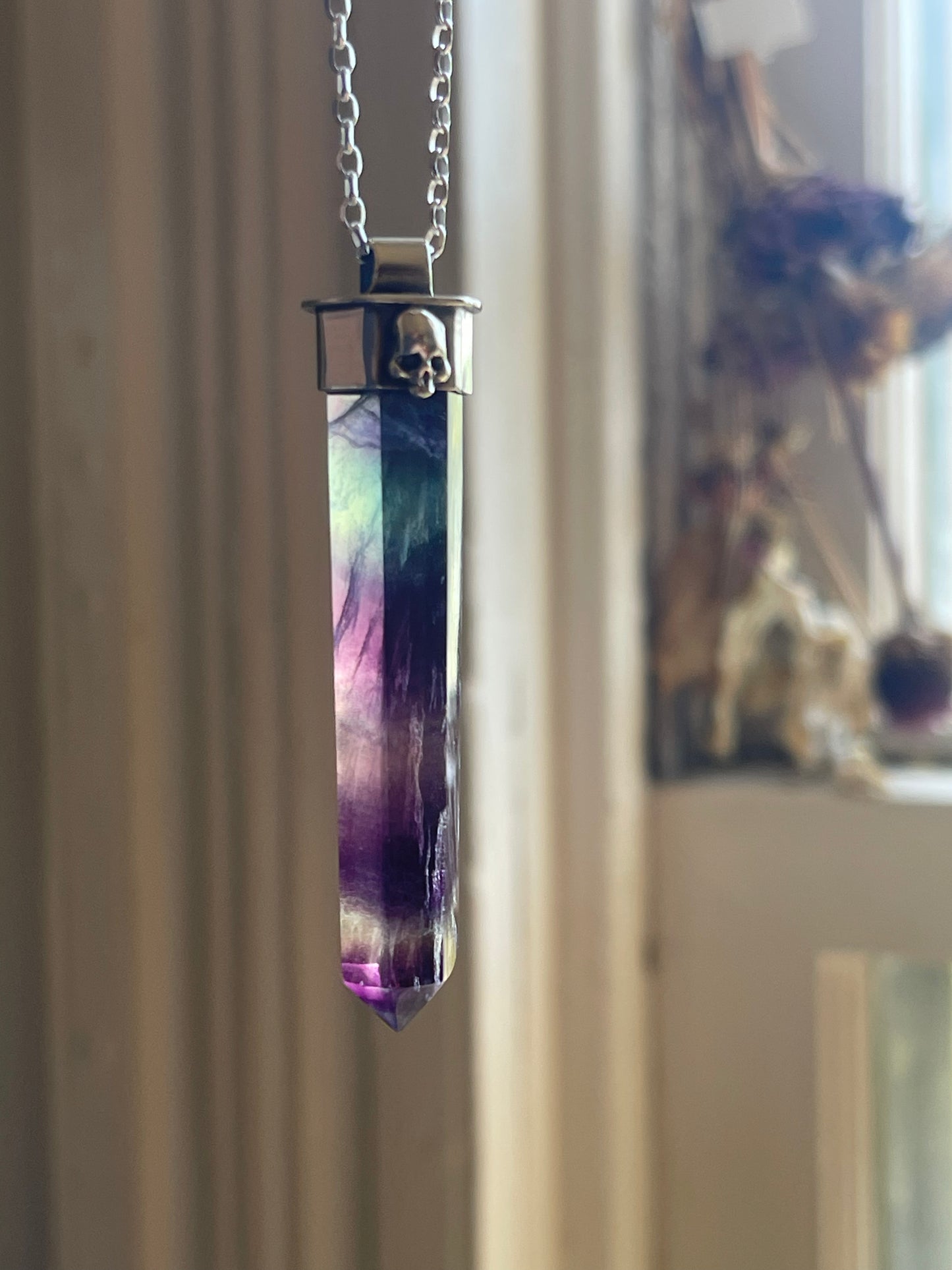Autumnal Decay Fluorite Crystal Skull Necklace
