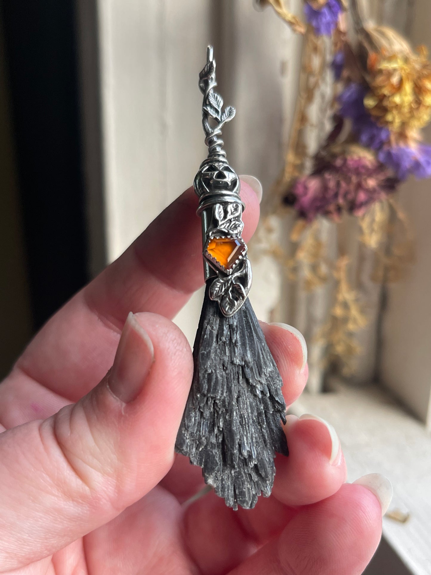 Glowing Garnet Pumpkin Autumn Witch Crystal Broom Pendant