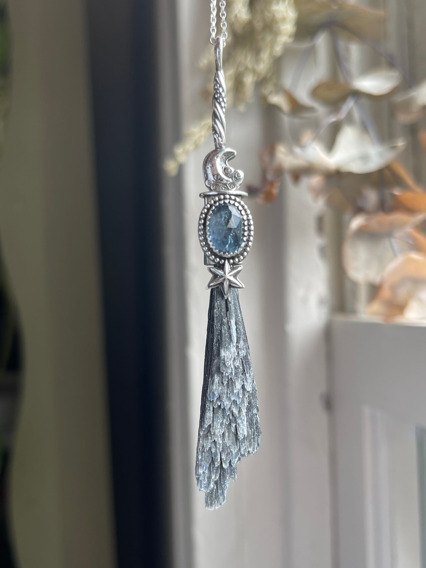 Celestial Witch Teal Kyanite Crystal Witch Broom Pendant